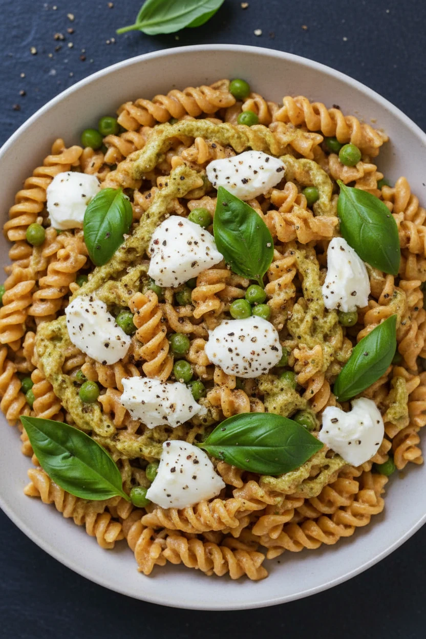 Overhead shot of pesto-cream tomato fusilli: blush sauce finished with pesto, peas and torn mozzarella scattered, torn b