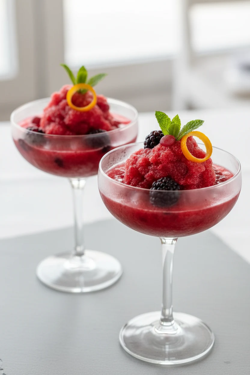 Final dish: Frozen Sangria Slush served in chilled coupe glasses—ruby, spoonable slushy texture blended from frozen wine