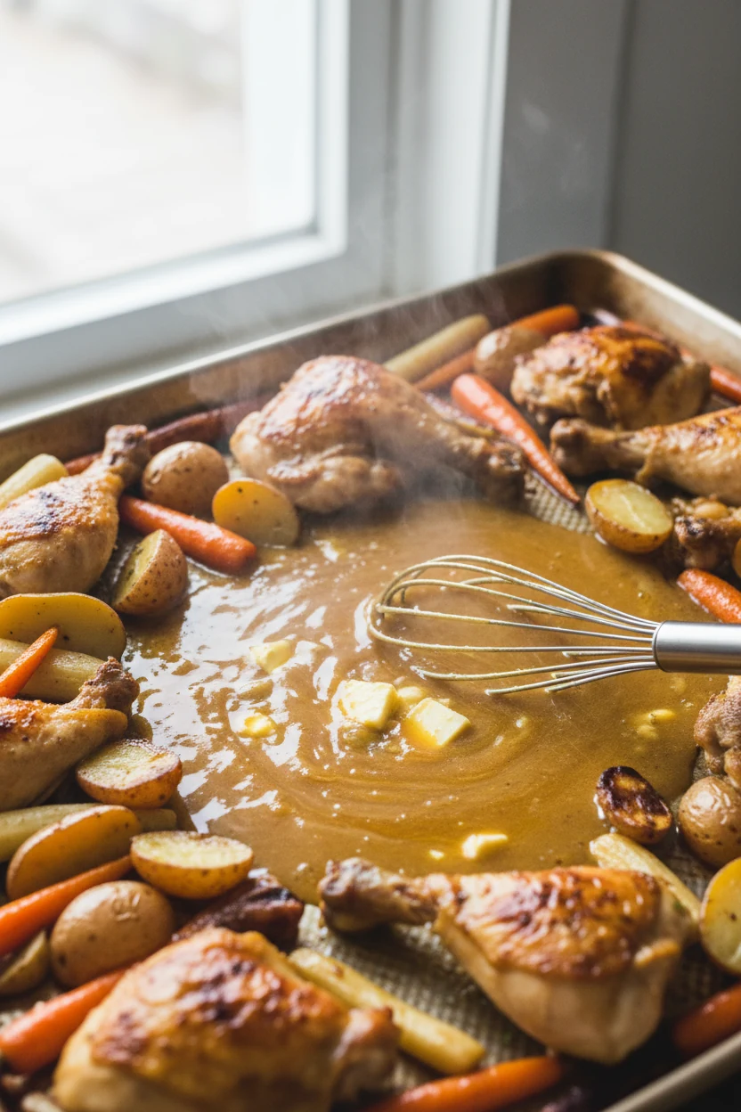4. Cooking process: pan sauce built on the hot sheet pan—broth, orange juice, and Dijon deglazing, cornstarch slurry whi
