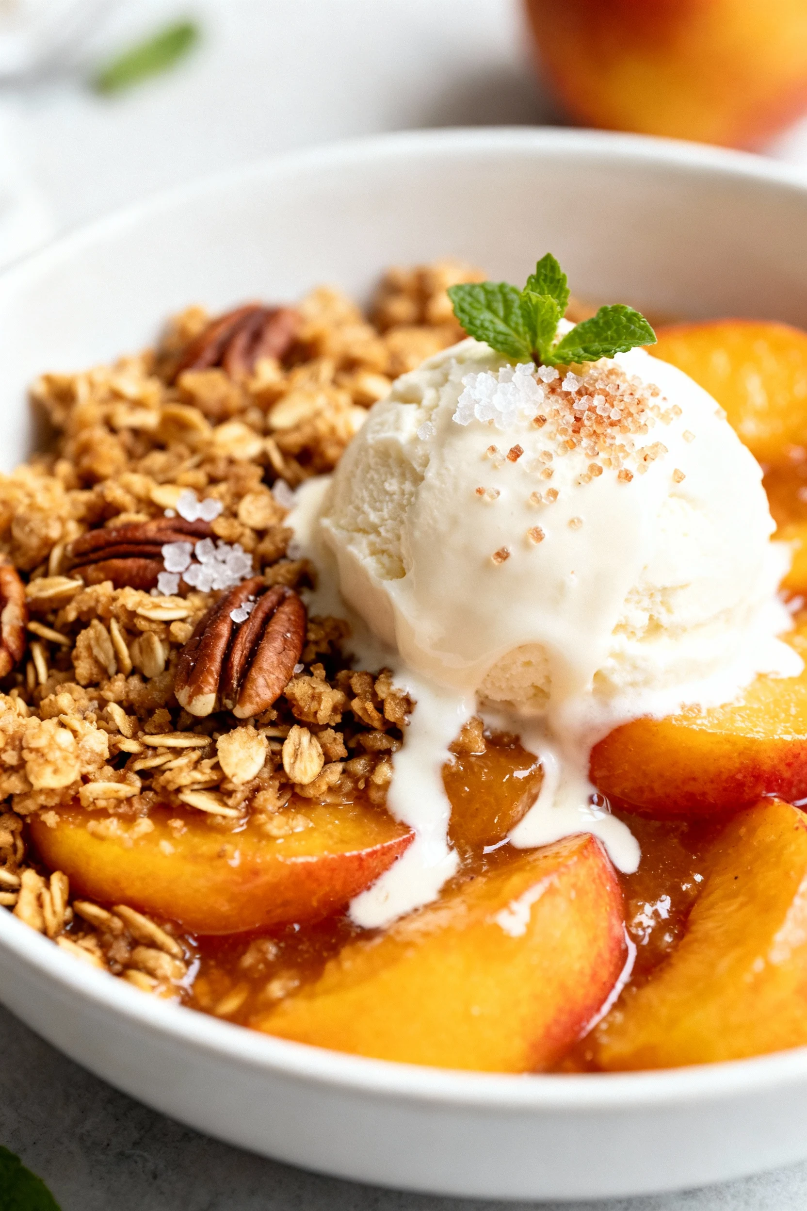 Final dish: single-serving peach crisp in a shallow white bowl, golden oat–pecan topping over saucy peaches, scoop of va