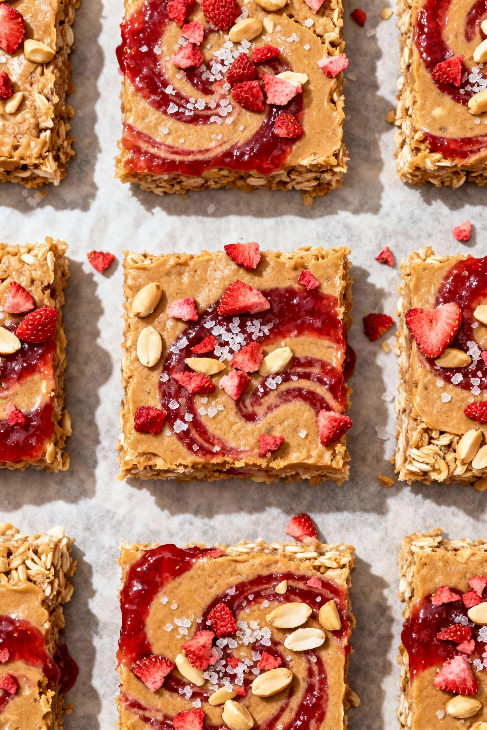 Overhead PB&J bars: peanut-butter oat base with swirls of natural strawberry jam and crushed freeze-dried strawberries, 