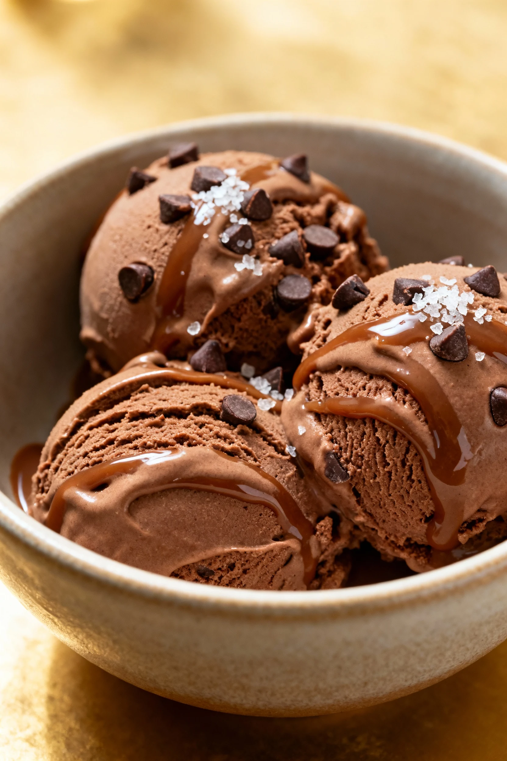 Triple Chocolate ice cream scoops in a chilled ceramic bowl—cocoa base with chocolate chips and a glossy fudge ribbon—fi