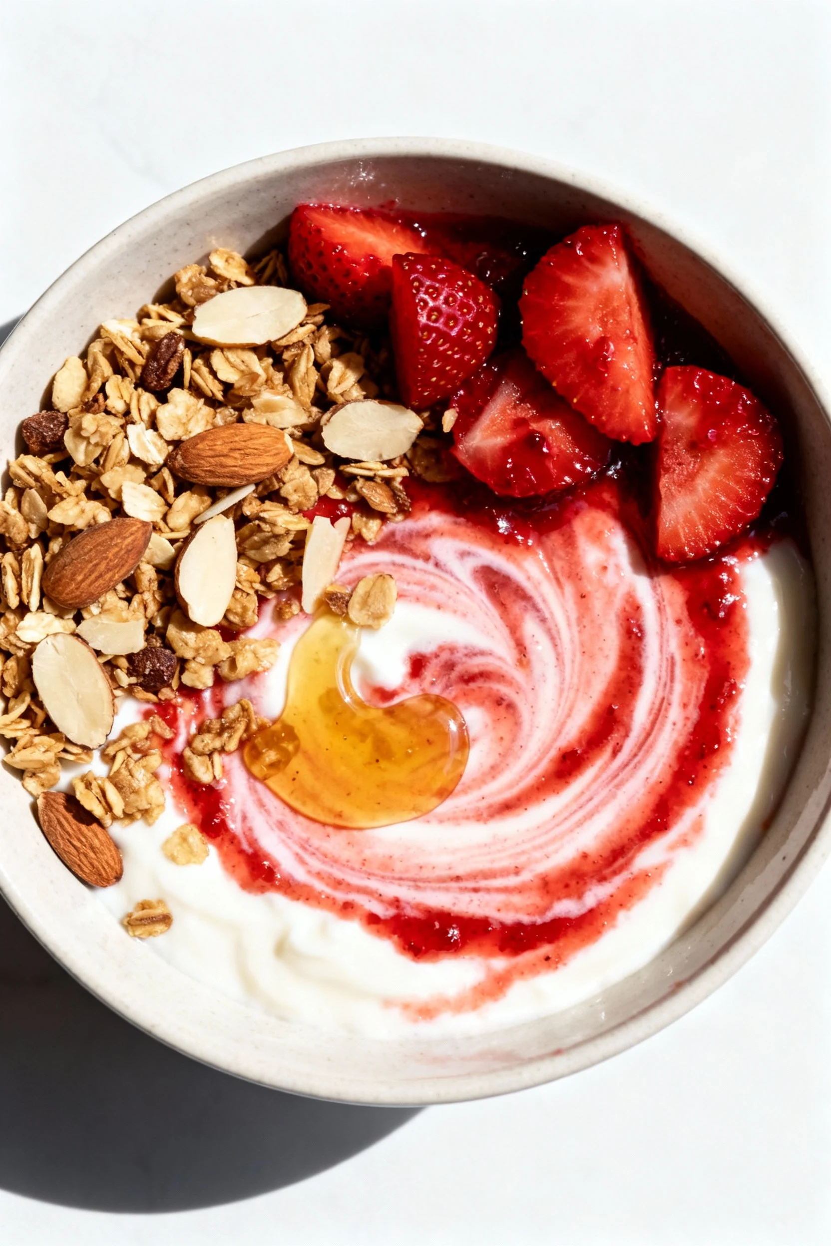 Top-down yogurt bowl swirled with roasted strawberry compote, crunchy granola, sliced almonds, and a drizzle of honey; v