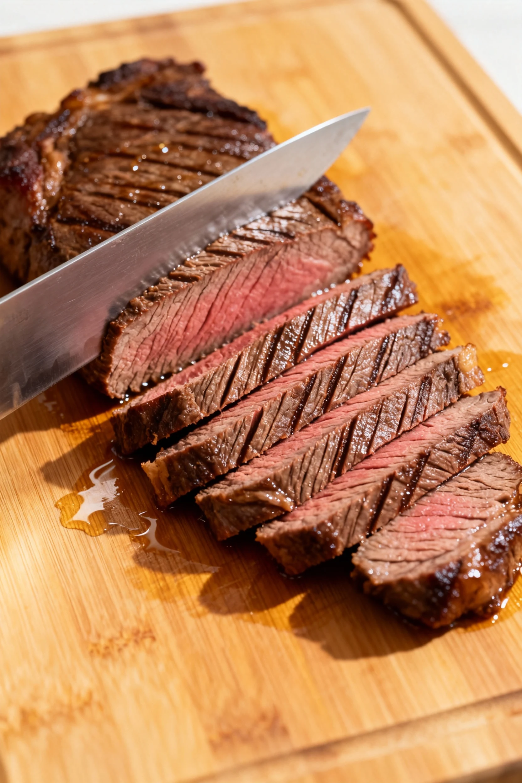 Slicing shot: rested flank steak being cut against the grain into 1/4-inch bias slices on a board, knife beside, juices 