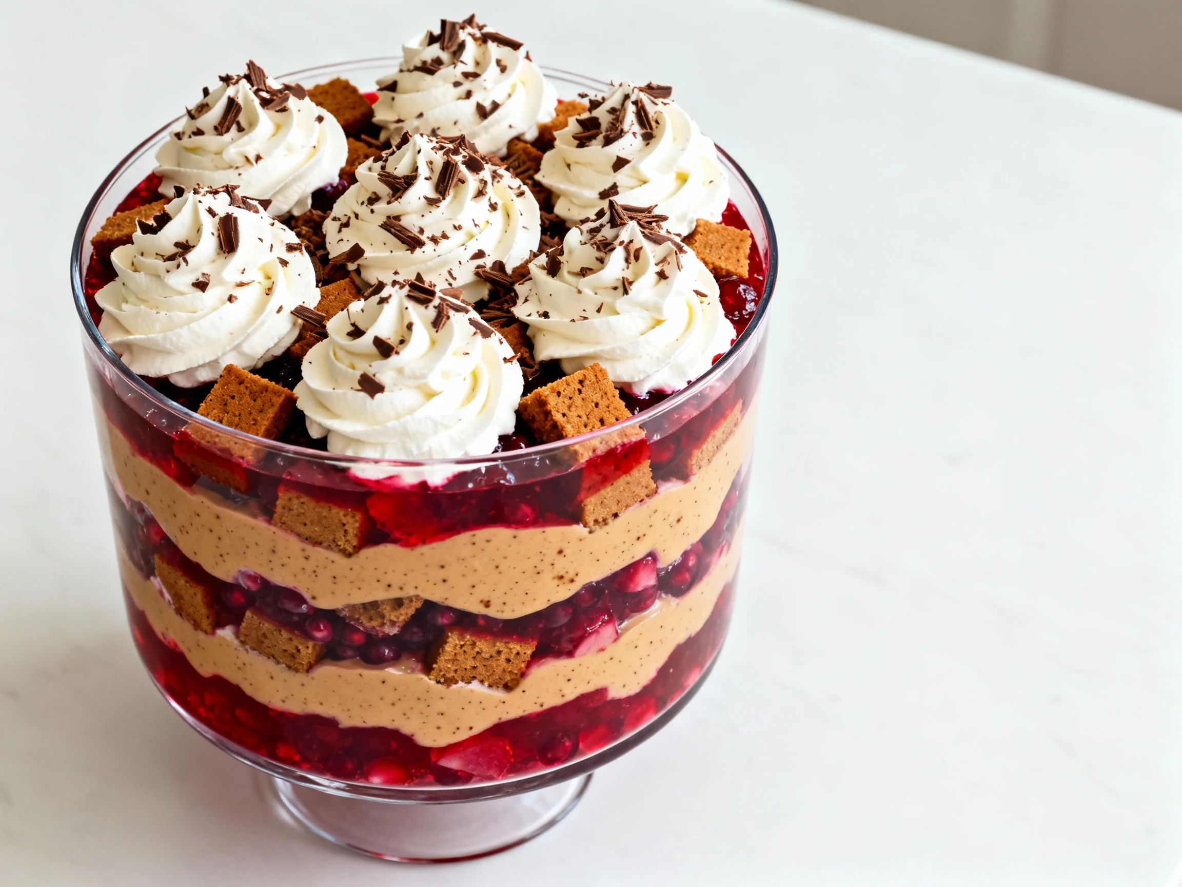 Food photography, Overhead shot of a fully assembled holiday trifle with cranberry-red jelly layers, gingerbread cake cu