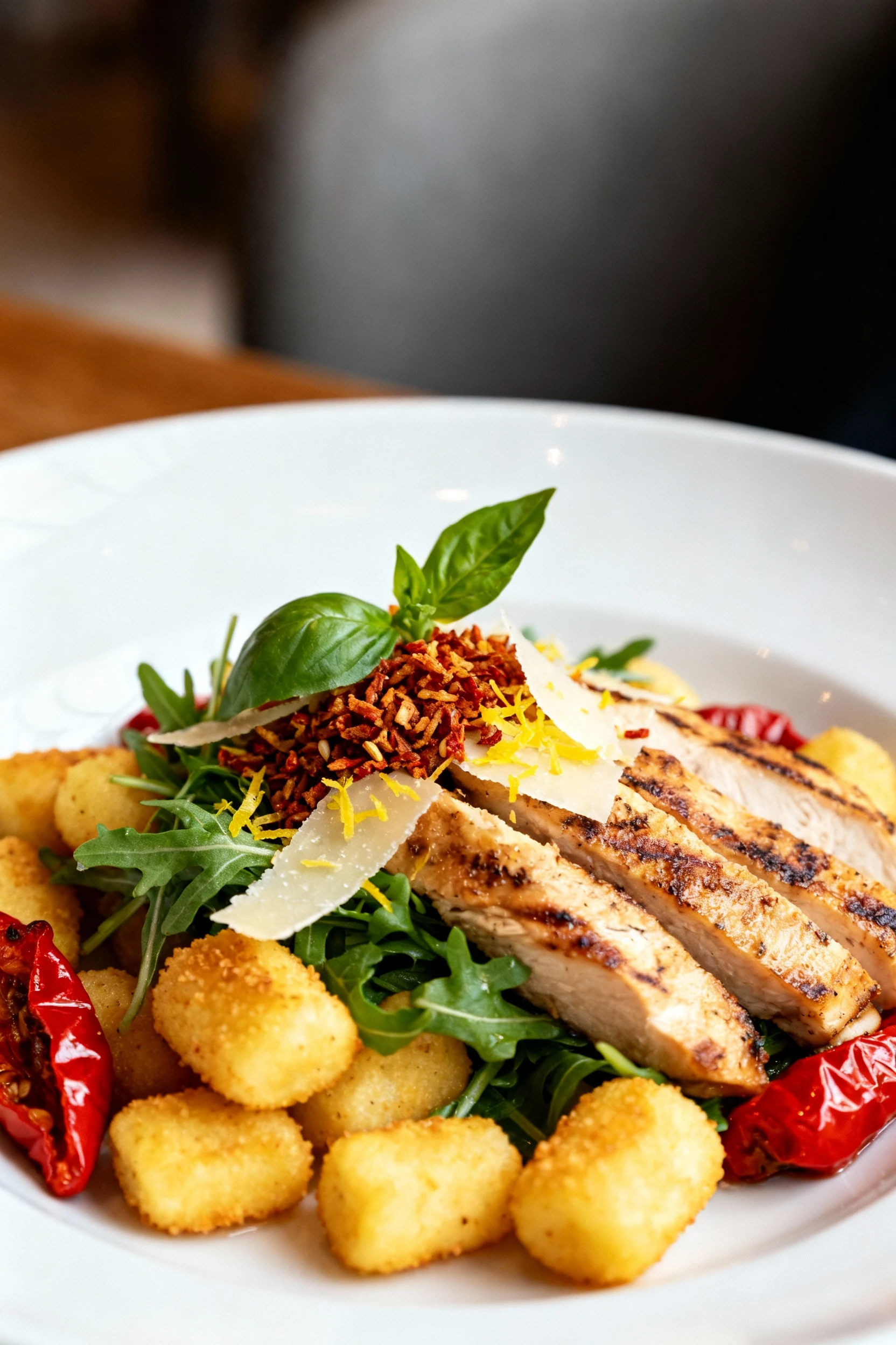 Final dish — Tuscan Chicken Crunch: beautifully plated crispy gnocchi with grilled chicken strips, arugula, roasted red