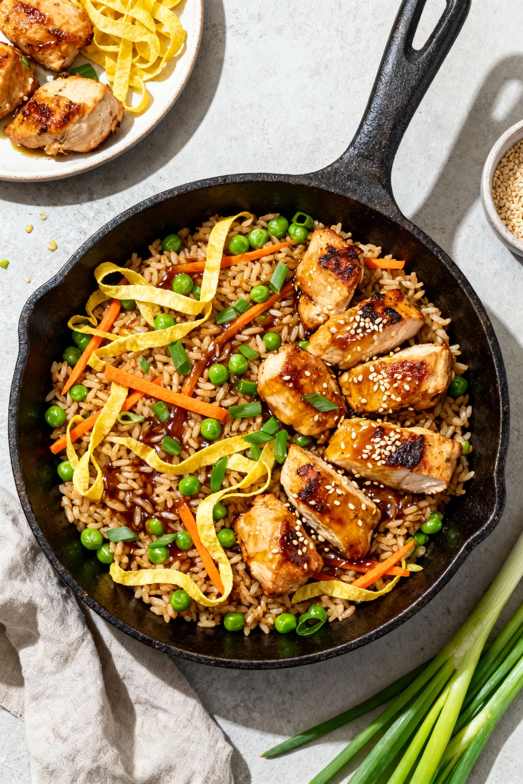 Top-down chicken fried rice in skillet: soy-slick rice, peas, carrot, egg ribbons, scallions; seared chicken bites with 
