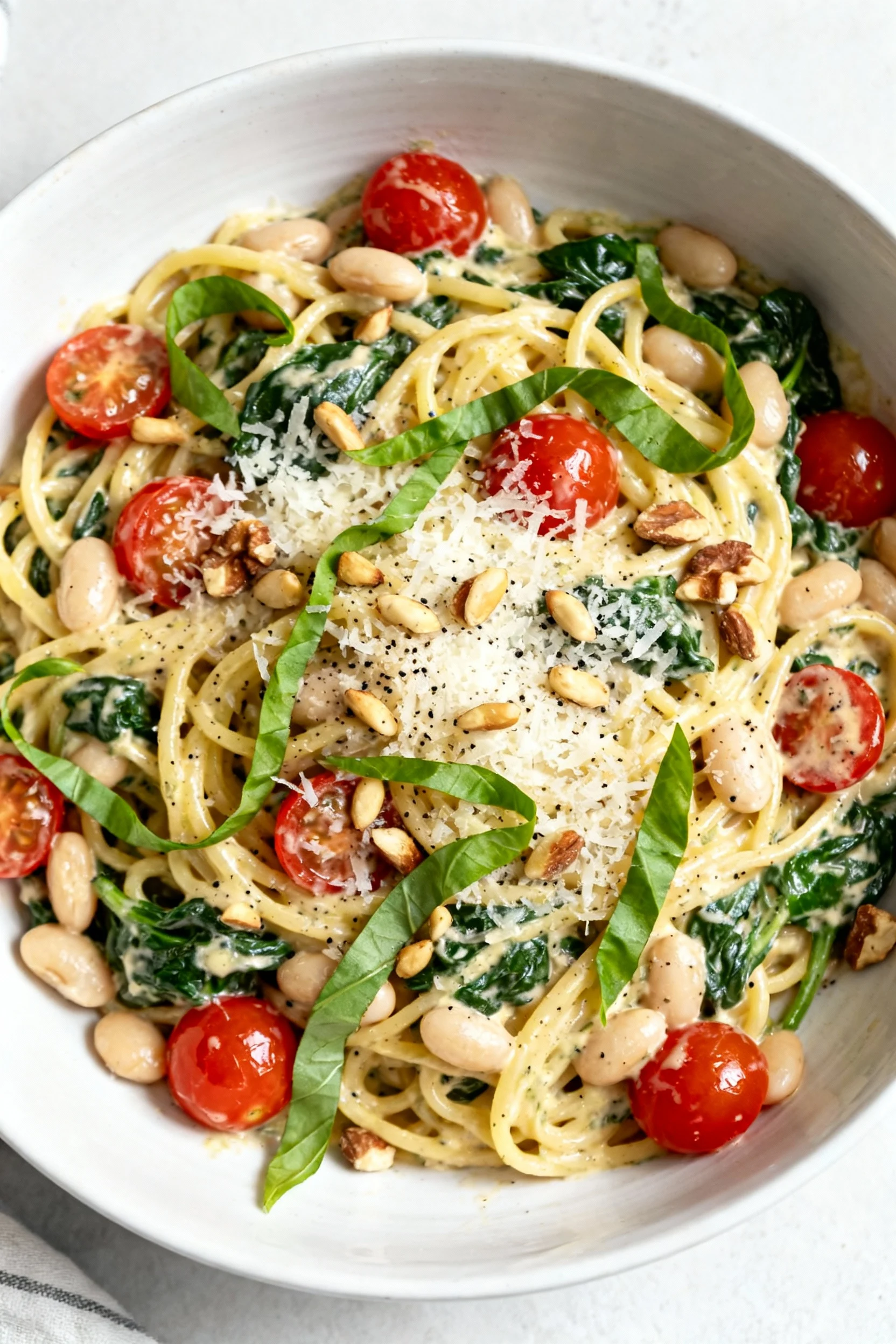 Top-down final dish: Creamy Lemon Spinach Pasta with Cherry Tomatoes and Cannellini Beans in a wide white ceramic bowl, 