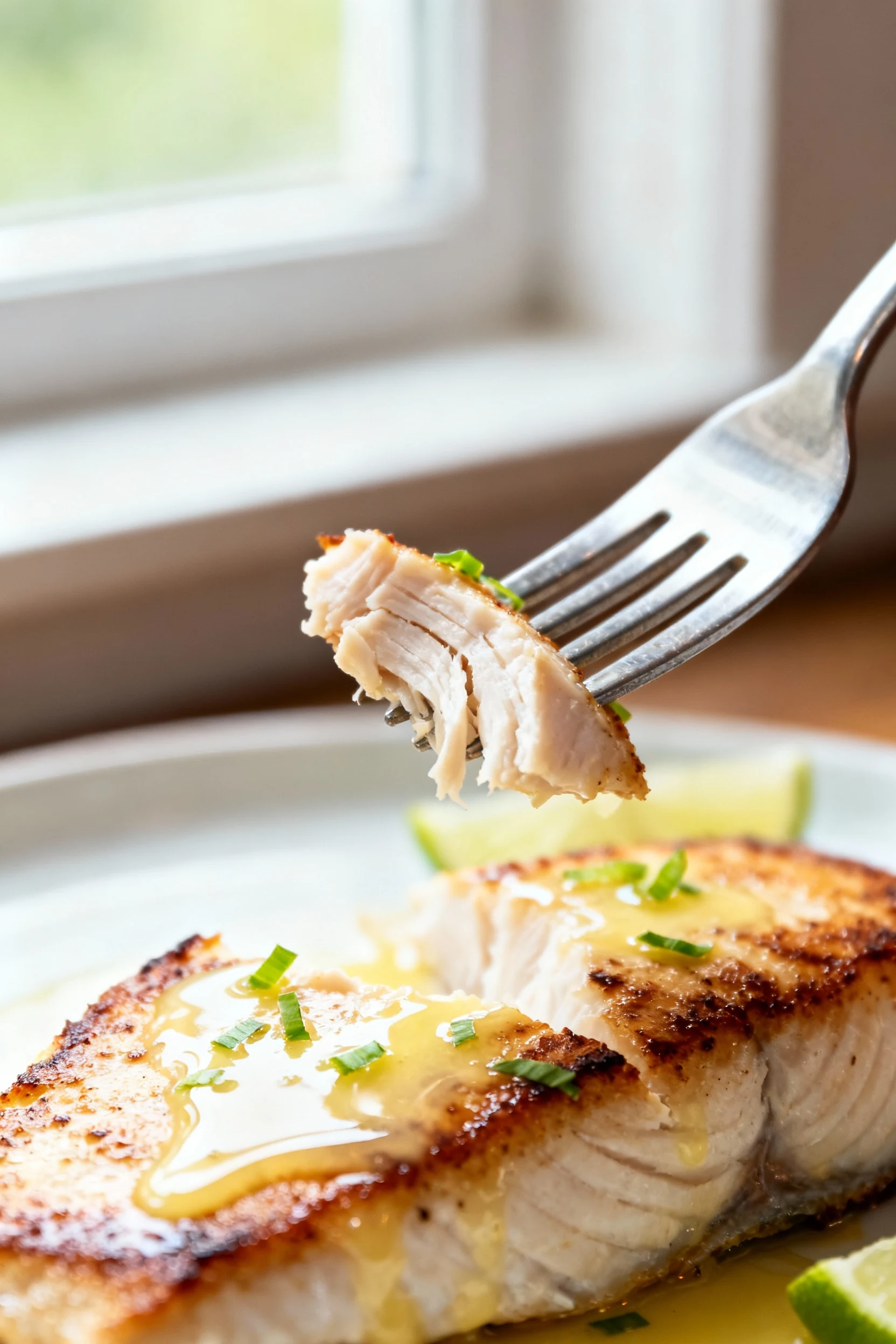 4. Close-up detail of flaky center at medium doneness: fork lifting tender mahi mahi flakes from a seared fillet, glossy