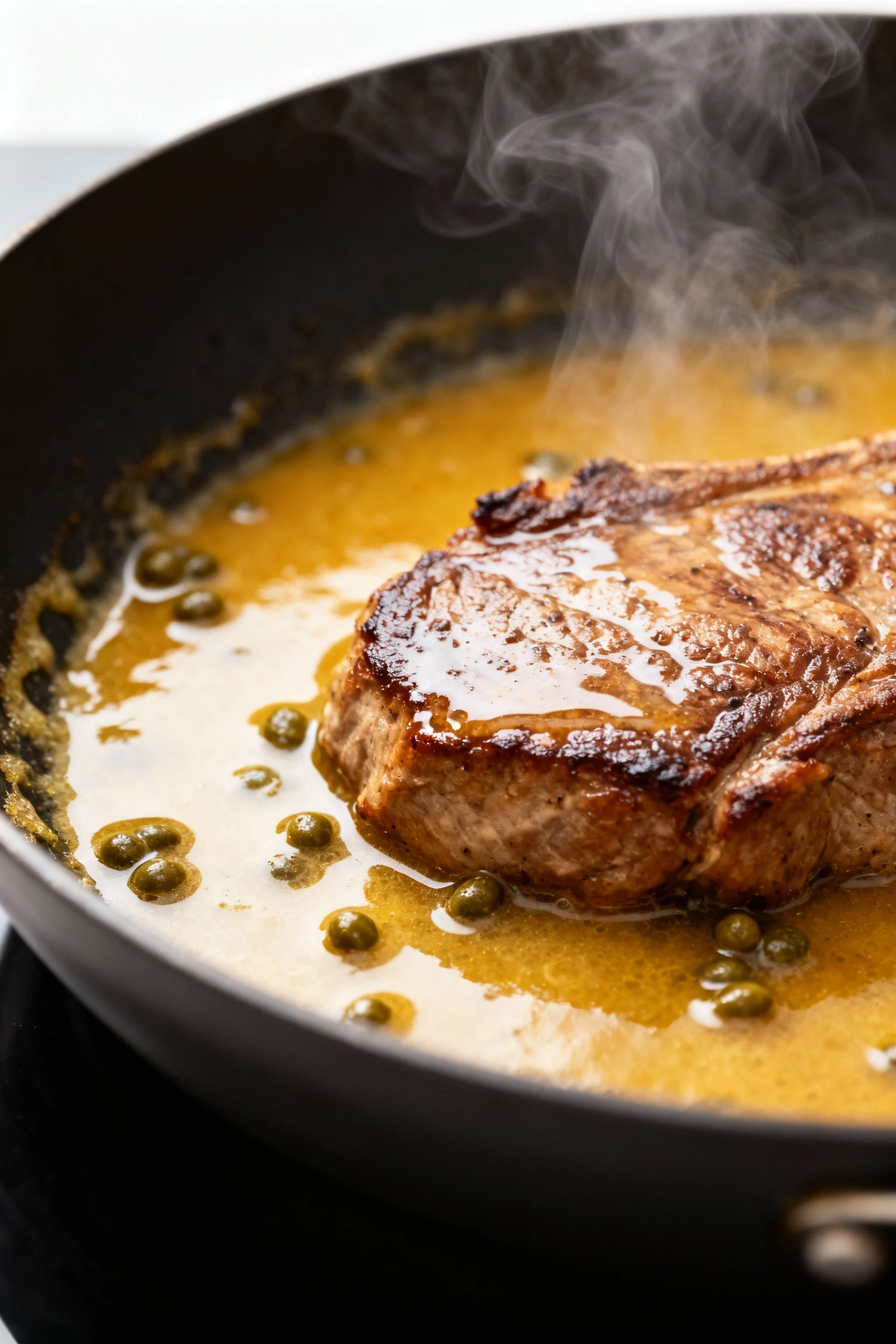 Cooking process—deglazing the skillet: lemon–wine–caper sauce reducing around browned fond; steam rising and emulsified 