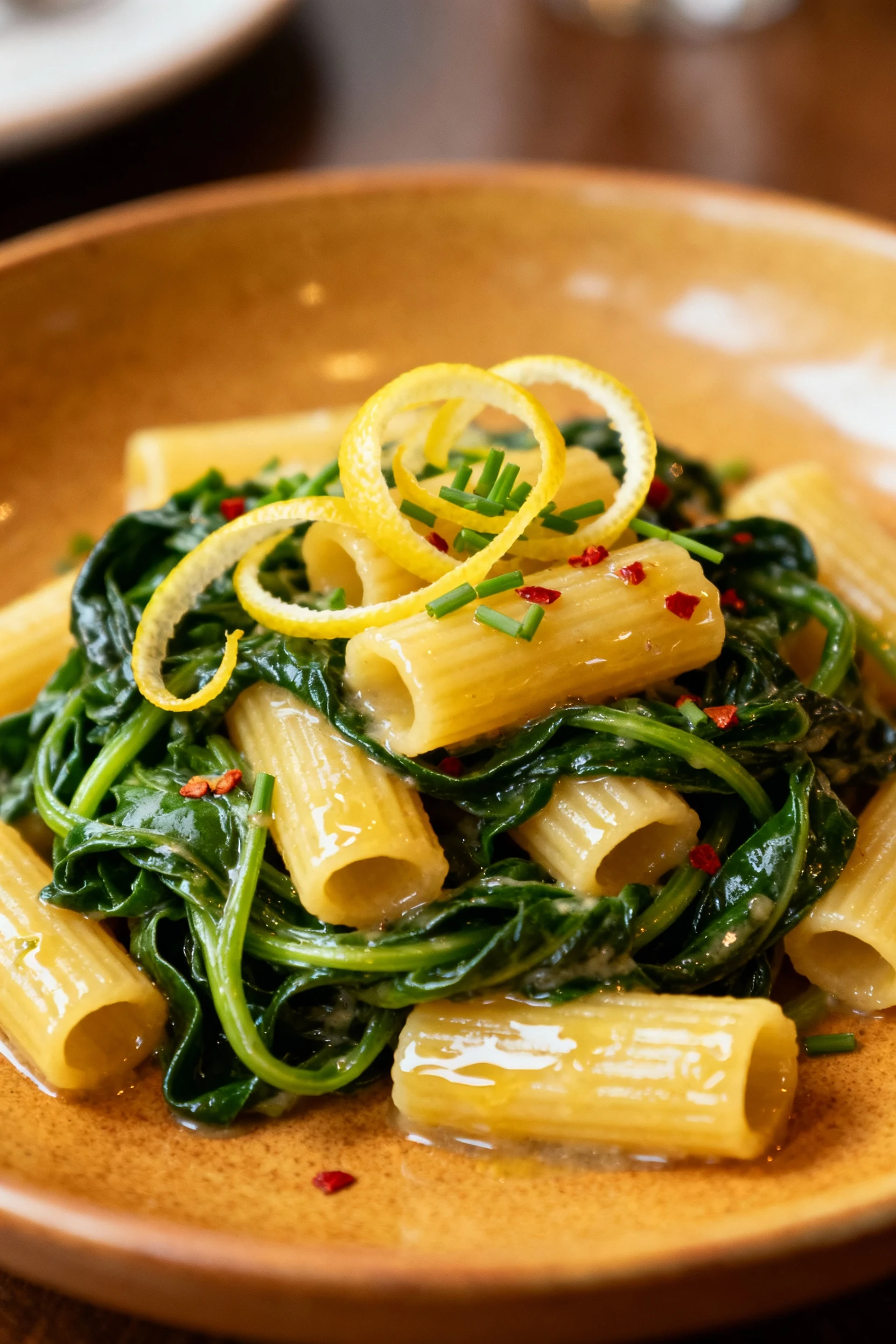 4. Beautifully plated Lemon Spinach Radiatori at a 45-degree angle—wilted spinach ribbons and radiatori glazed with ligh