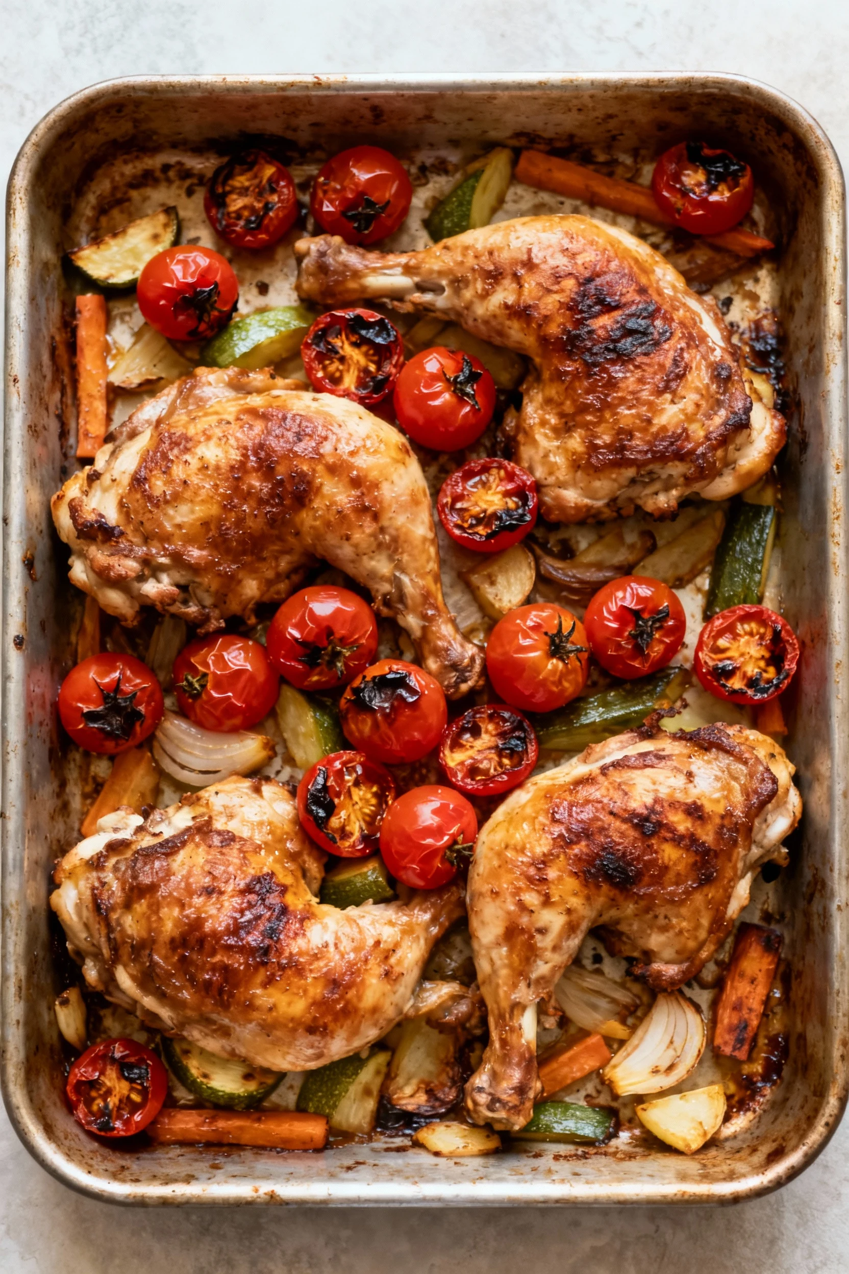 Cooking process (cooked stage): tray pulled for final 8 minutes with browned chicken and veggies; freshly added cherry t