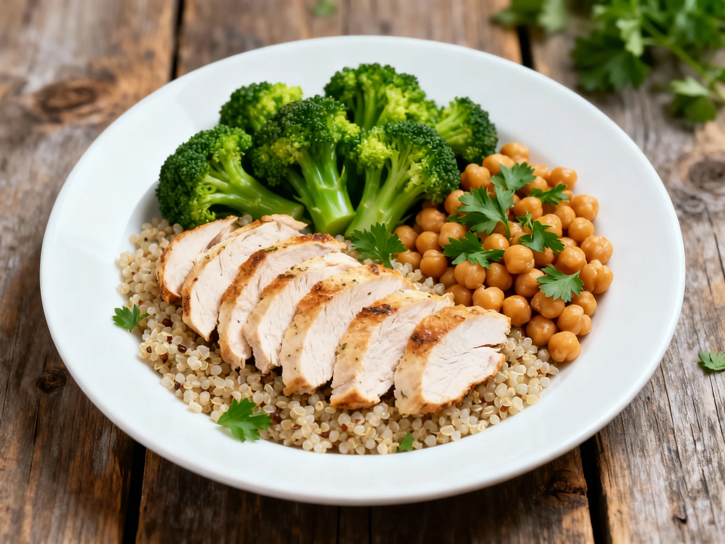 Food photography, Overhead shot of the completed protein dinner plate: sliced chicken arranged over quinoa, bright green