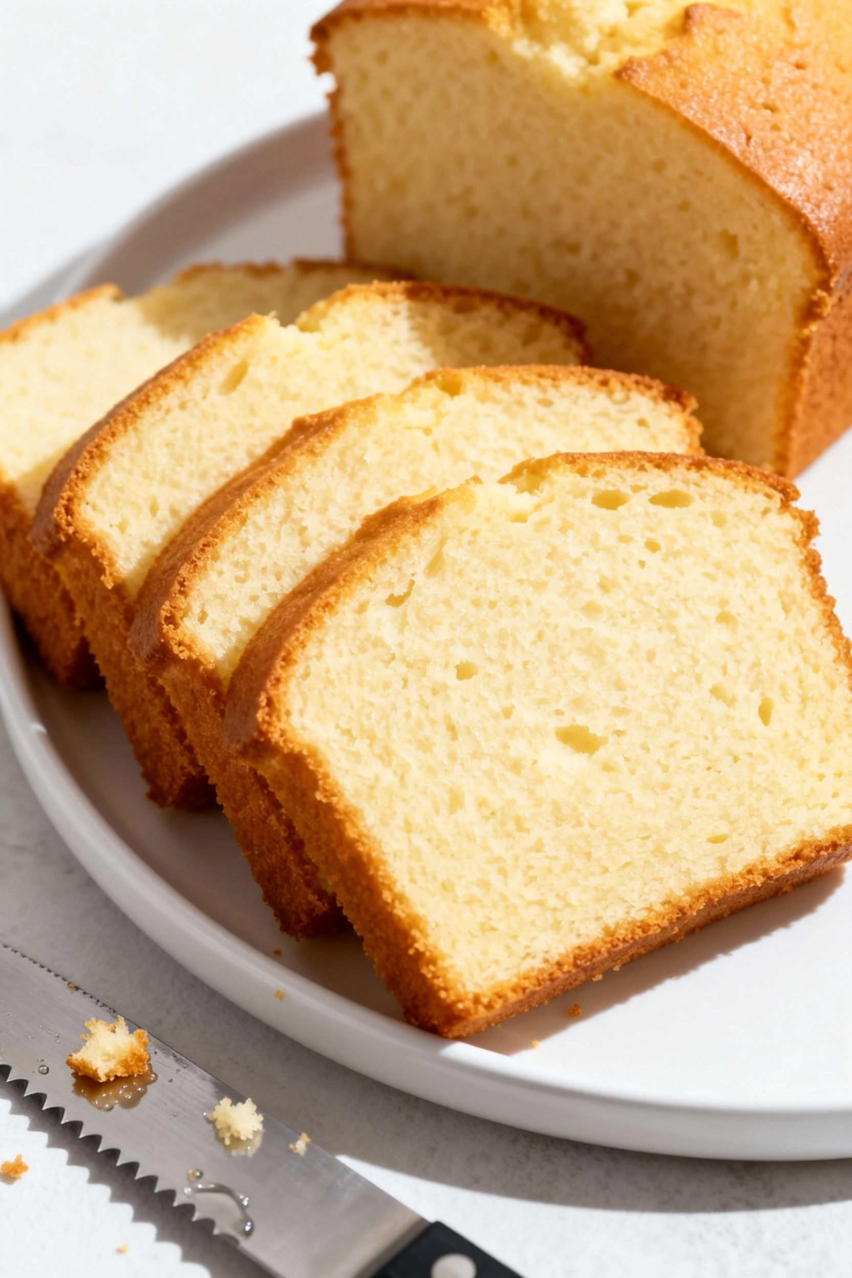 45-degree slice reveal: several clean slices of classic vanilla pound cake fanned on a white plate, showing ultra-fine v