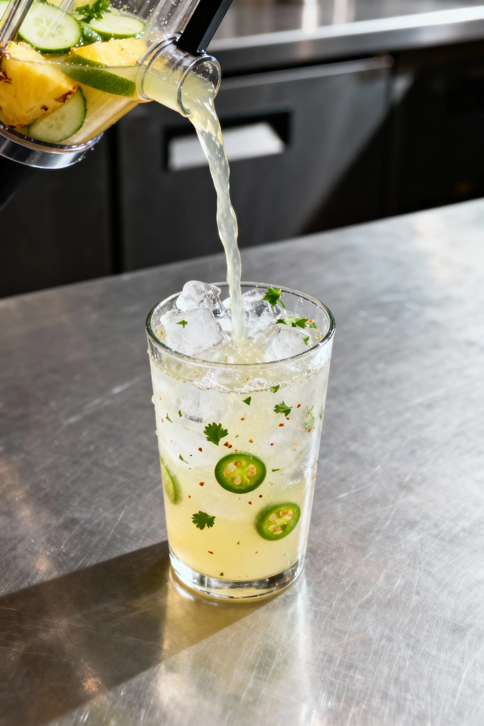 Pineapple Cooler pouring shot: pineapple–cucumber–lime juice with tiny specks of cilantro and jalapeño captured mid-stre