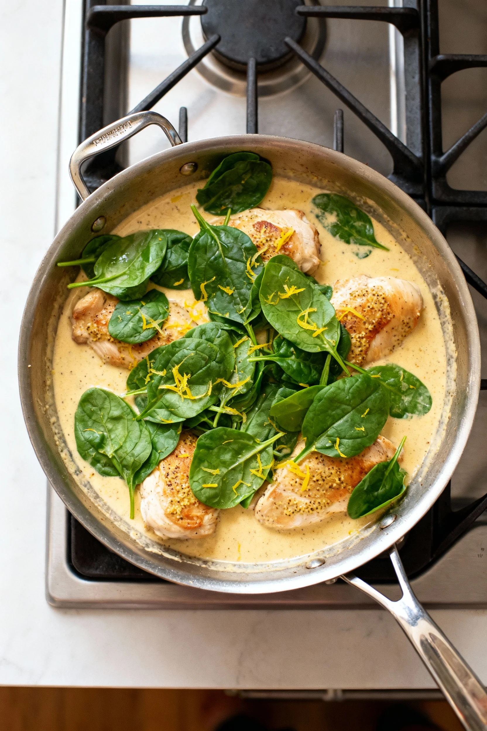 Top-down overhead of the one-pan skillet: chicken pieces nestled in creamy coconut Dijon sauce with bright green baby sp