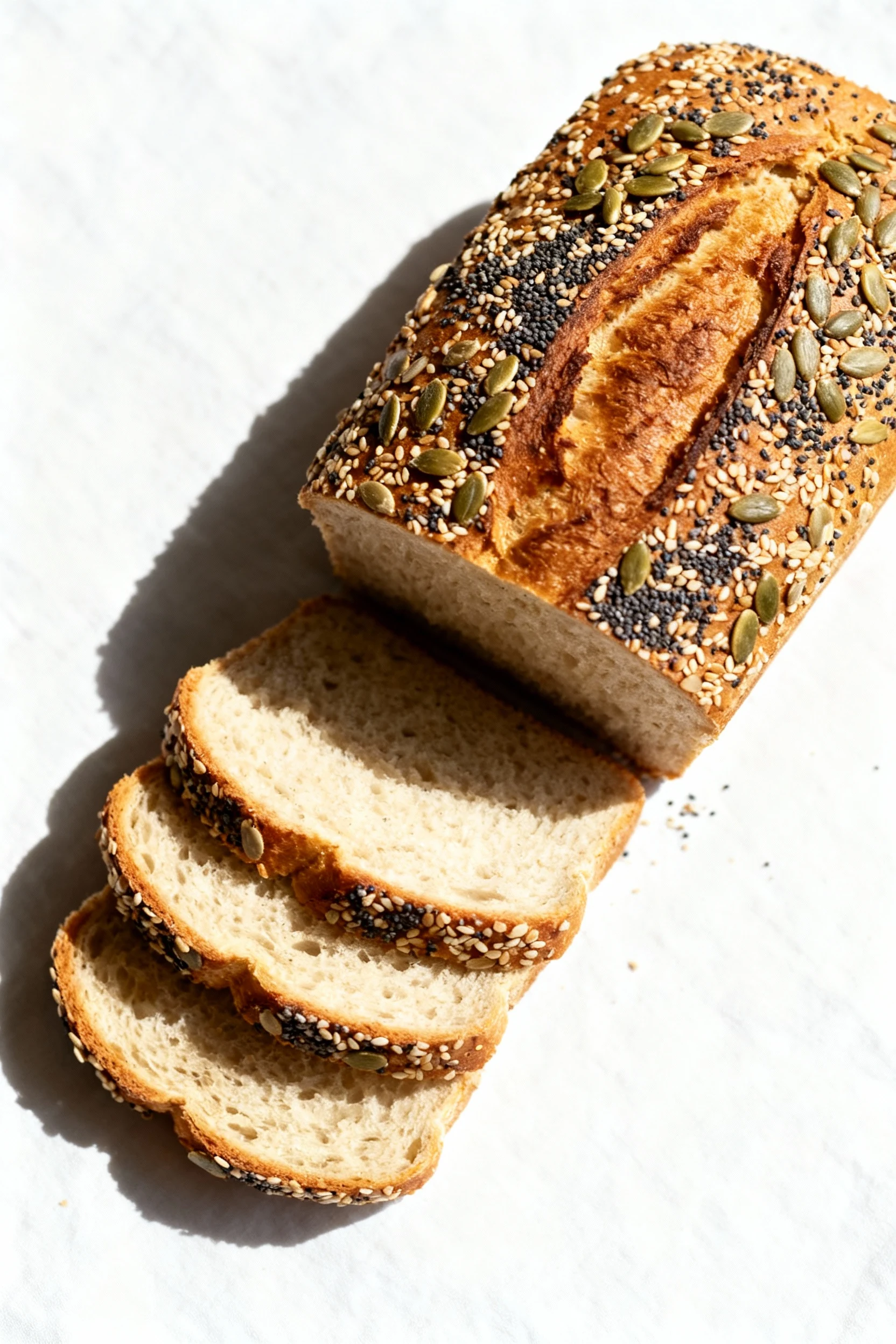 Top-down view of seeded sandwich bread: sesame, poppy, and sunflower seed crust evenly browned, a few slices fanned to r
