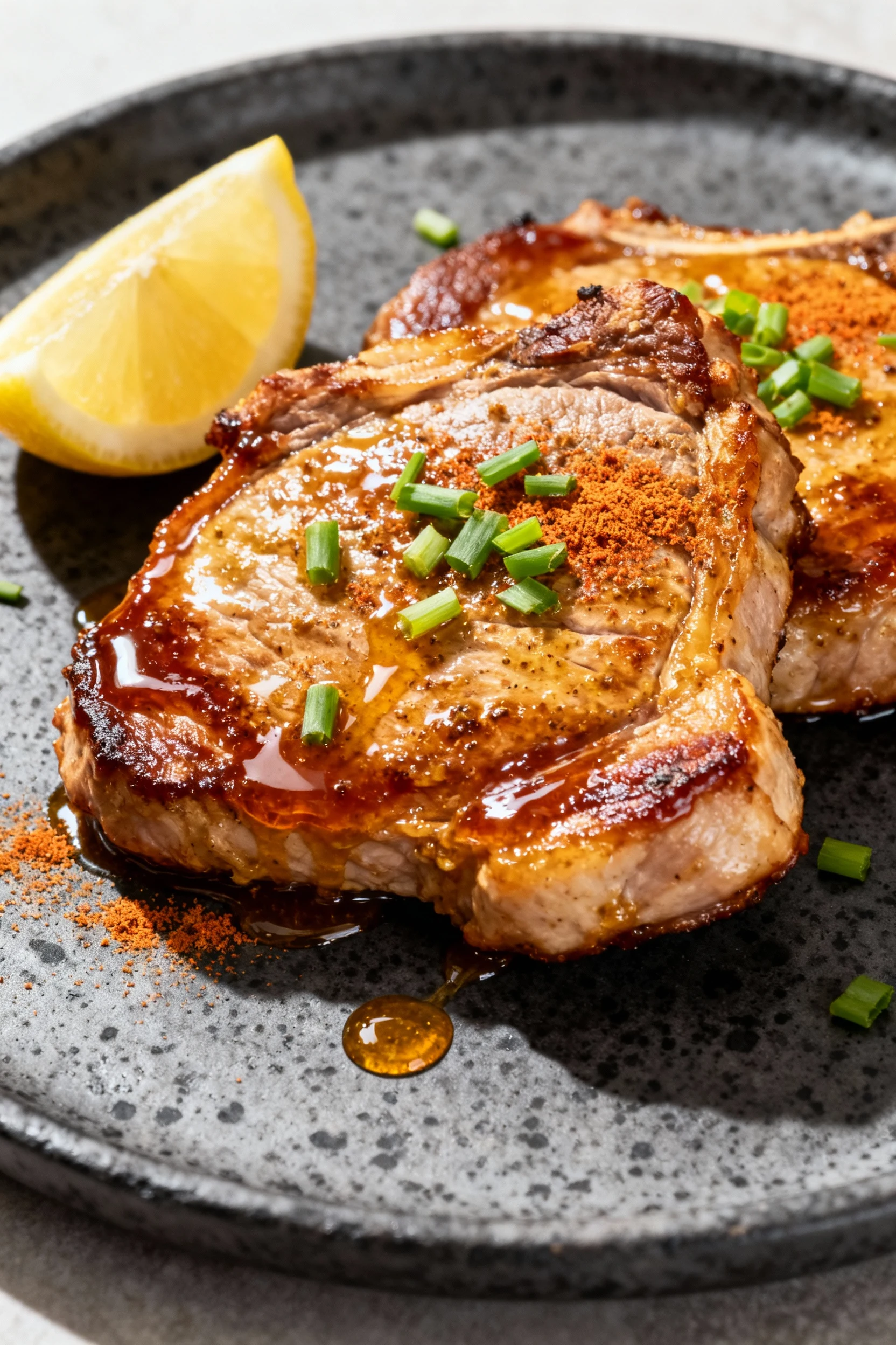 Beautifully plated maple-mustard pork chops, glossy lacquered glaze, light paprika dusting, tiny drizzle of hot honey, c