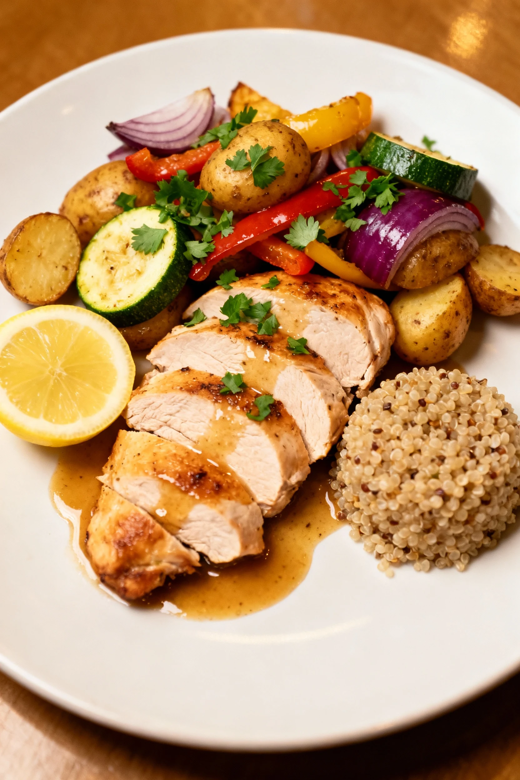 Beautifully plated final dish: sliced juicy chicken thigh with pan juices, roasted potatoes, zucchini, bell peppers, and