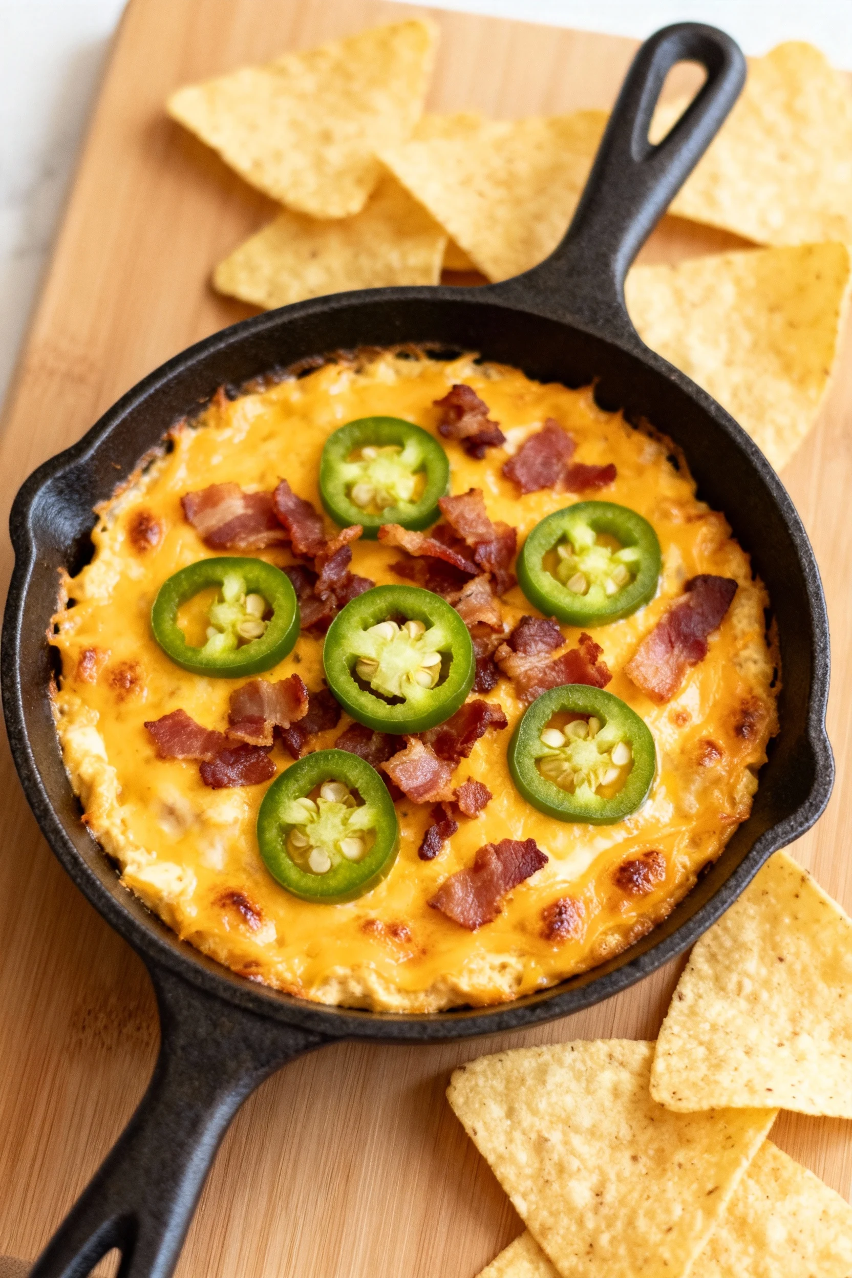 Overhead final: Jalapeño Bacon Popper Dip in a small cast-iron skillet, cheddar melted and lightly blistered, crisp baco