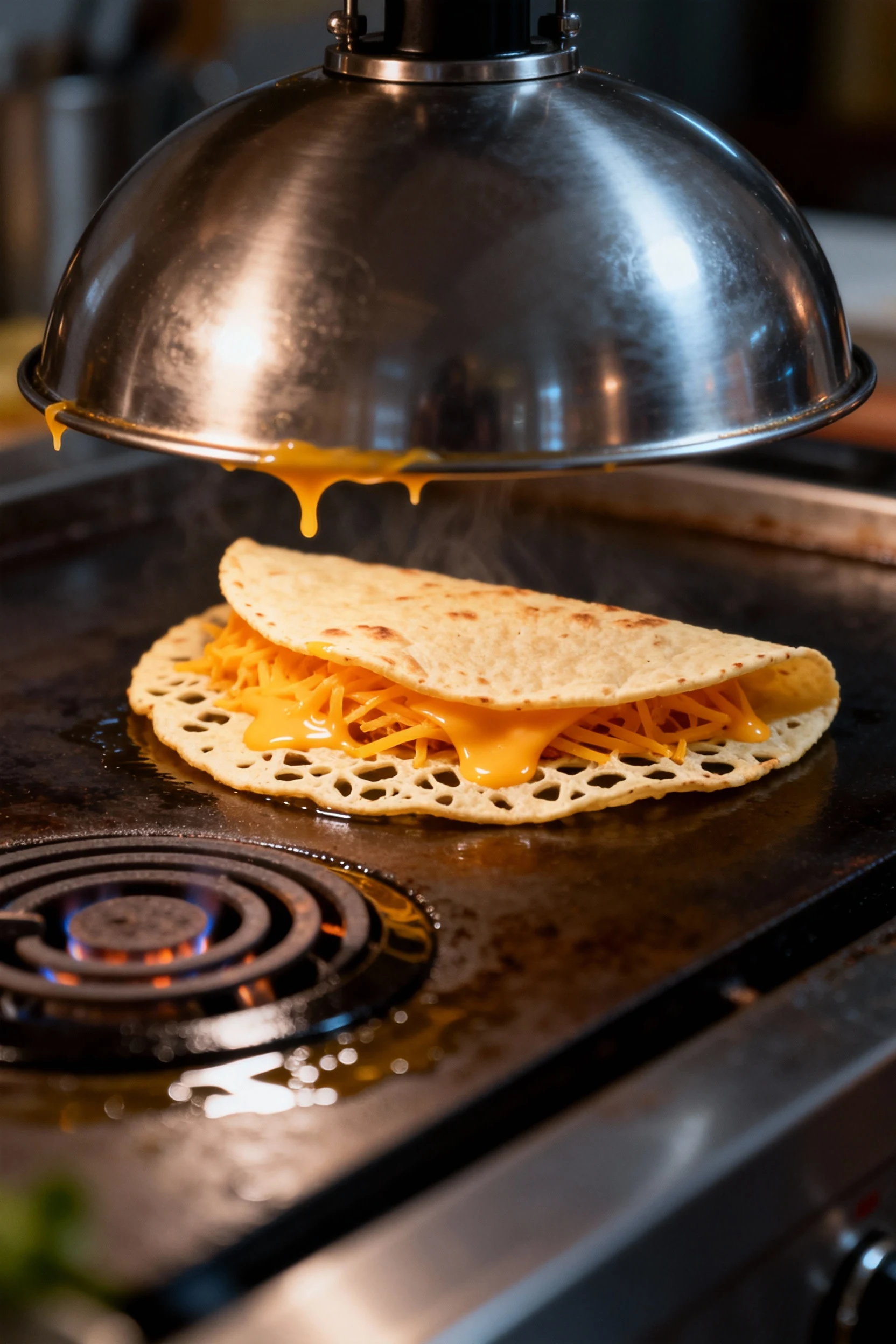 Cooking process: flipped tacos under a stainless melting dome on the griddle, cheddar liquefying, lacy crust intact, two