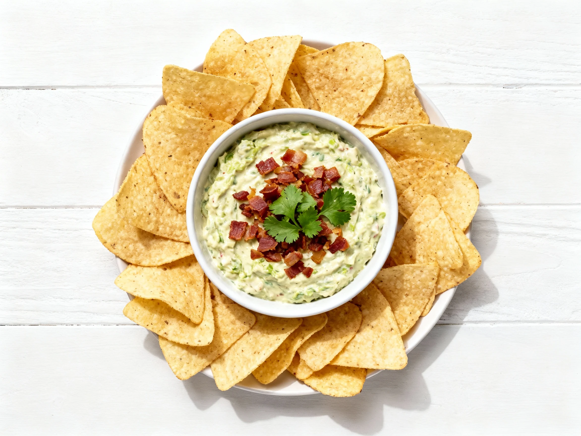 Food photography, Overhead shot of final plated chip dip surrounded by an artful ring of tortilla chips, garnished with 
