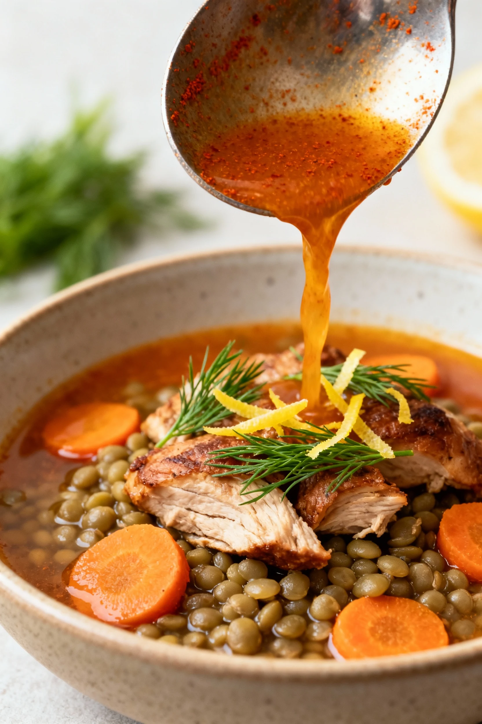 Ladle pour close-up—Smoky Turkey & Lentil: paprika-stained broth streaming into a matte ceramic bowl, browned turkey, te