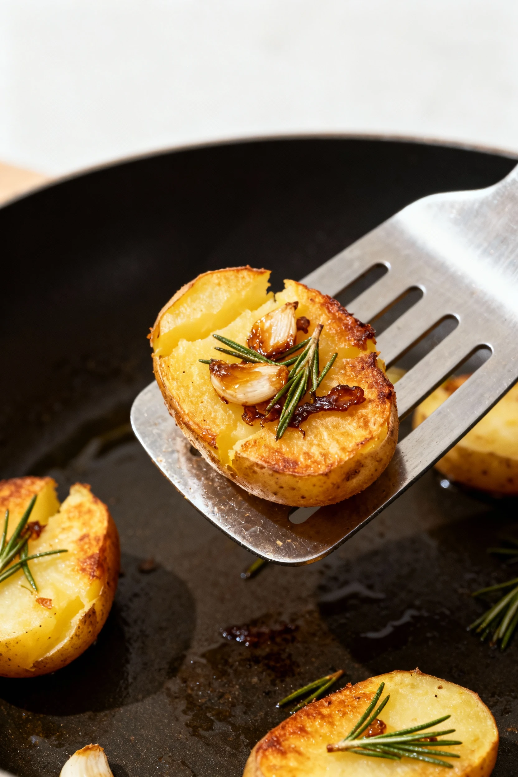 Cooking process: metal spatula lifting a smashed potato mid-flip to reveal a crisp underside with caramelized garlic and