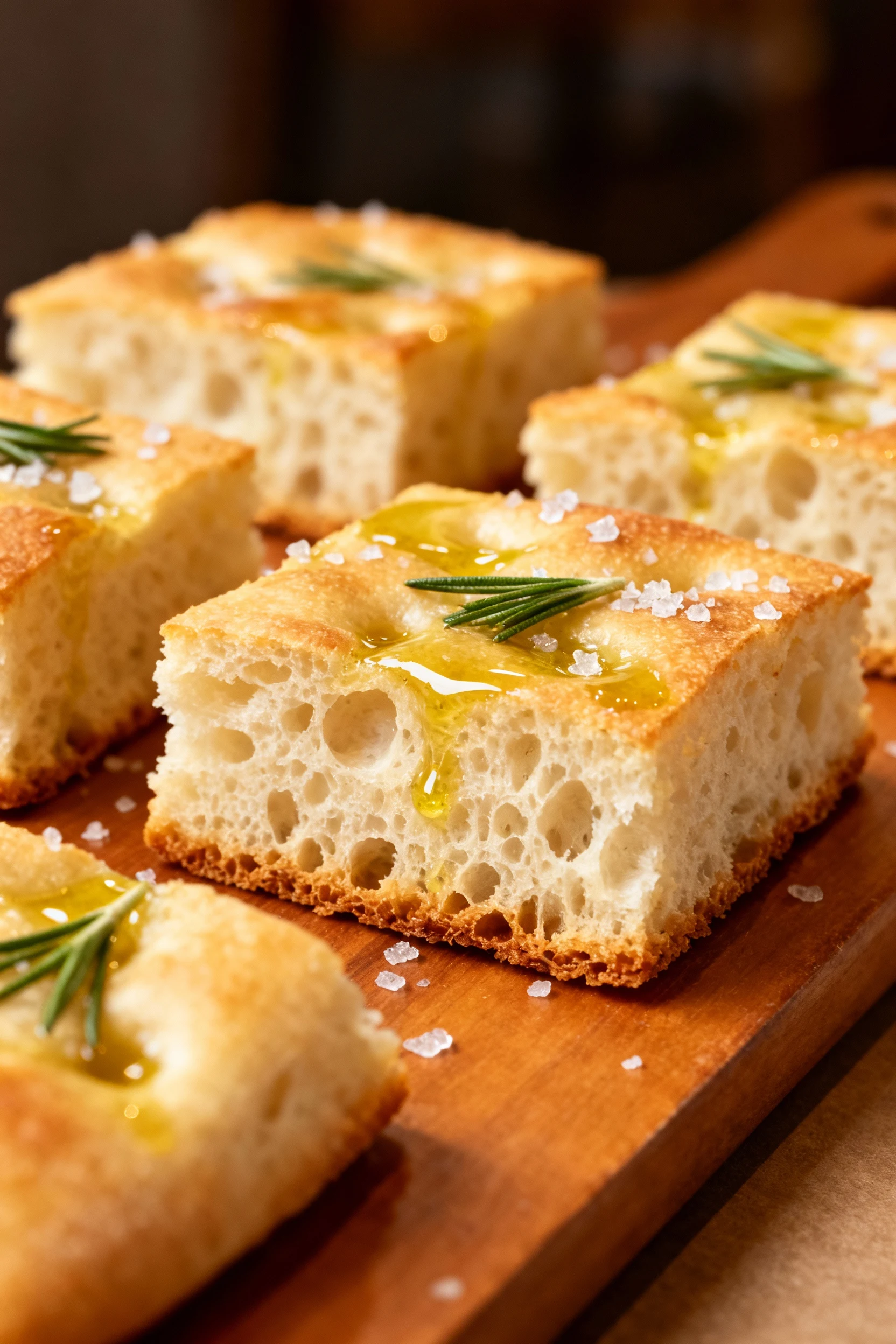 4. Final dish: sliced squares of focaccia on a warm-toned board, airy open crumb and fried bottom crust clearly visible,