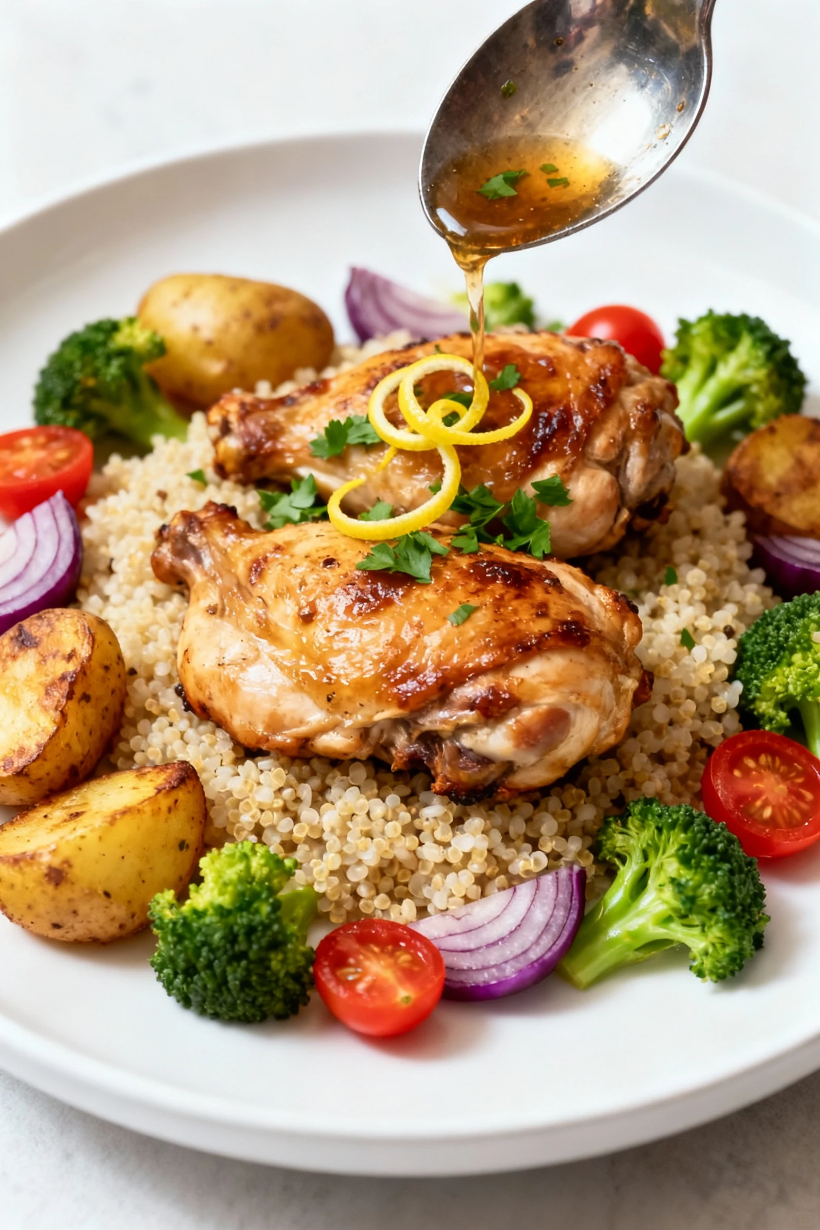 Beautiful final plate: roasted chicken thighs over fluffy rice or quinoa with roasted potatoes, broccoli, red onion, and