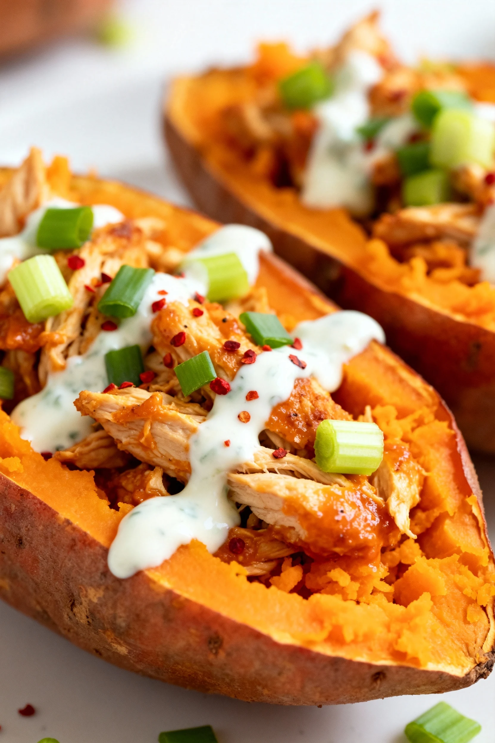Close-up detail: Buffalo chicken stuffed sweet potatoes—orange flesh fluffed, saucy chicken packed inside, ranch drizzle