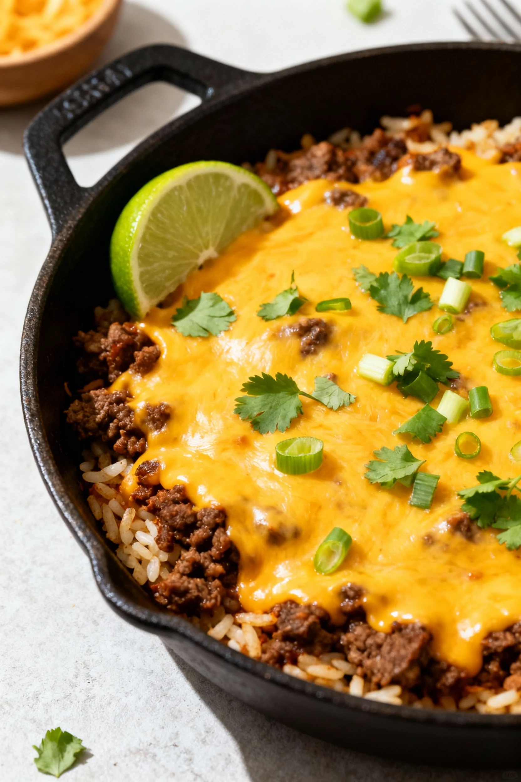 Cheese melt finish: skillet off heat with a gooey blanket of melted cheddar/Monterey Jack over beef & rice; sprinkled ci