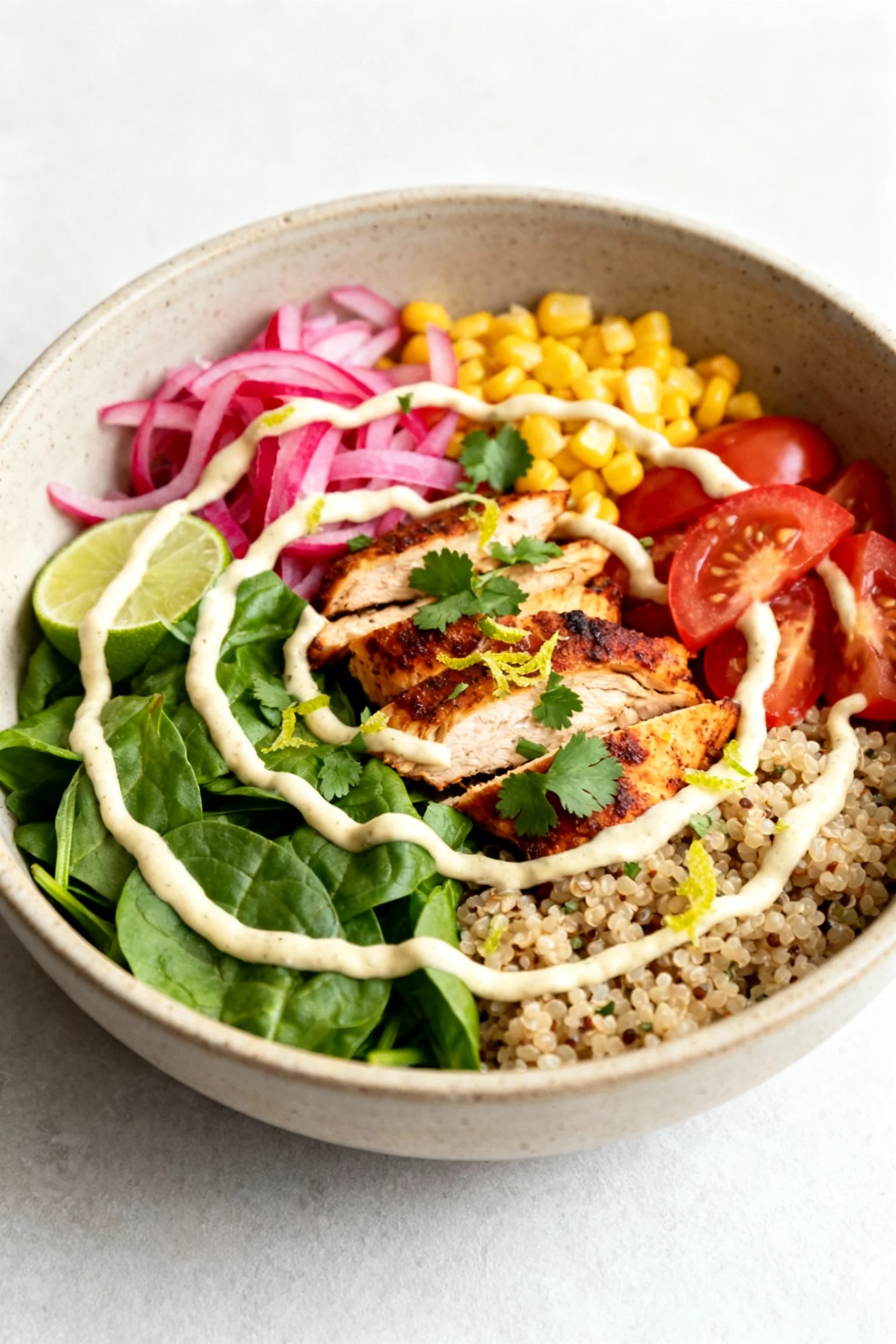 Beautifully plated Chipotle-Lime Chicken Quinoa Bowl, restaurant-quality: neatly layered quinoa, greens, chicken, tomato