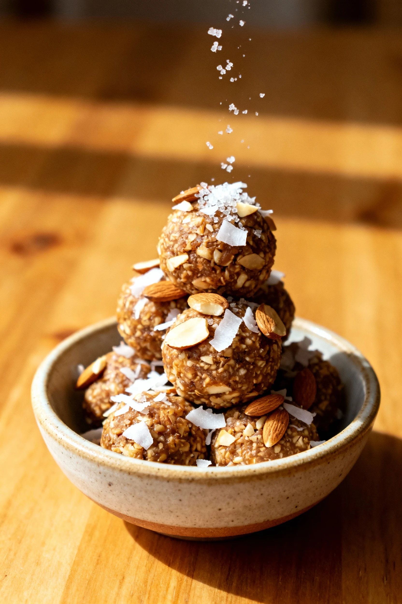 4. Final dish: energy bites stacked in a small ceramic bowl, flecks of shredded coconut and chopped almonds, a pinch of 