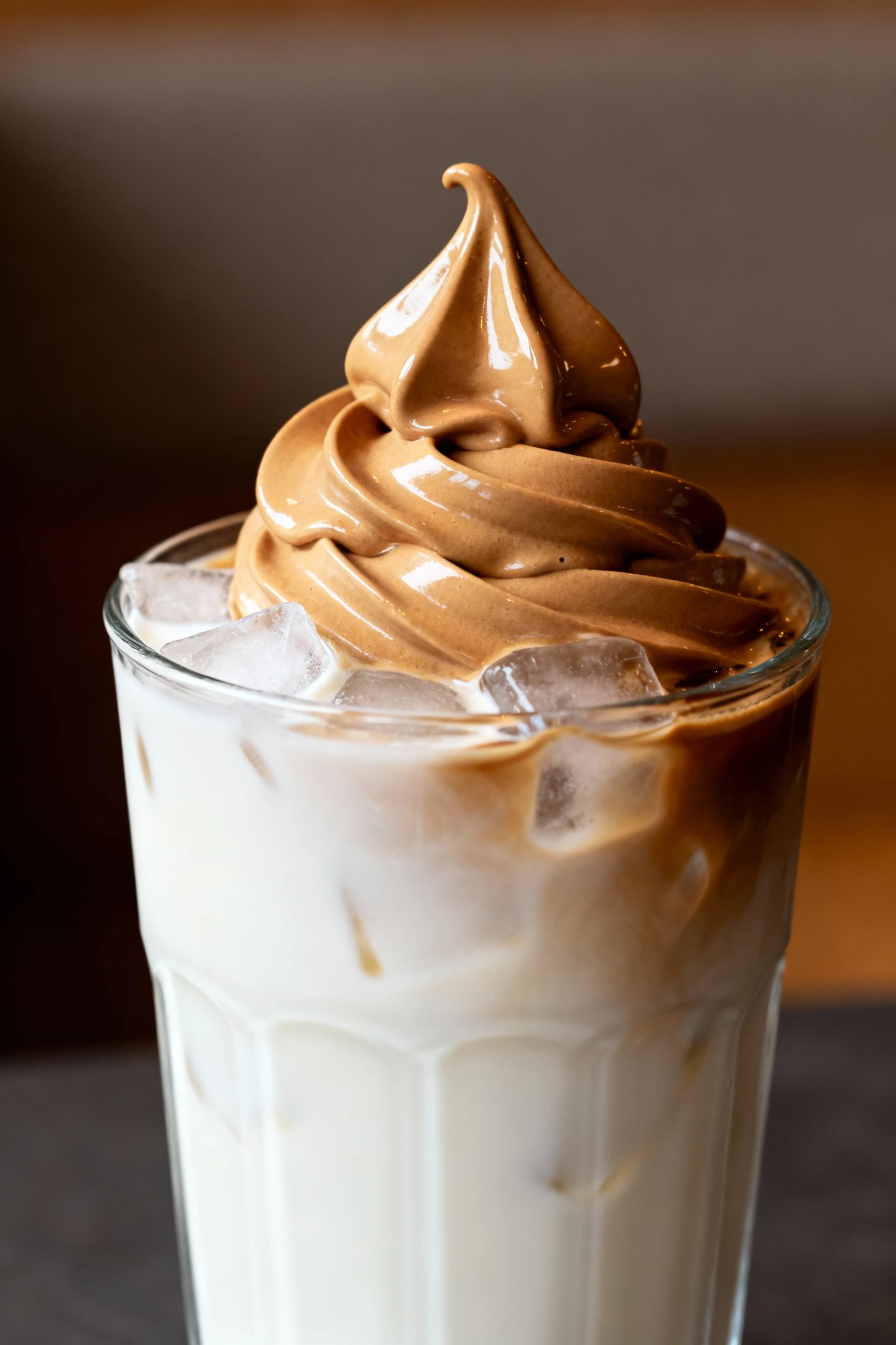 Final dish: dalgona whipped coffee, restaurant-quality presentation—pillowy, glossy coffee whip with defined peaks spoon