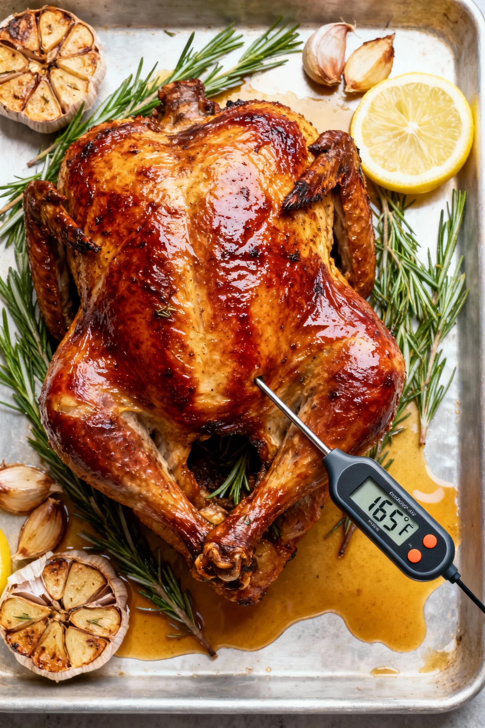 Doneness check: overhead shot of roasted bird with digital thermometer at 165°F in thigh; mahogany skin, herb sprigs, ro