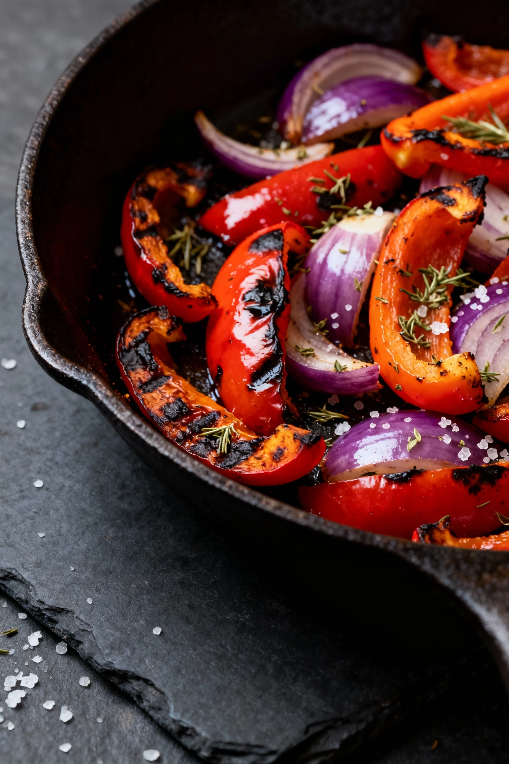 Charred fajita veggies in a hot cast-iron: blistered bell peppers and red onion, tender-crisp with oregano and salt spar