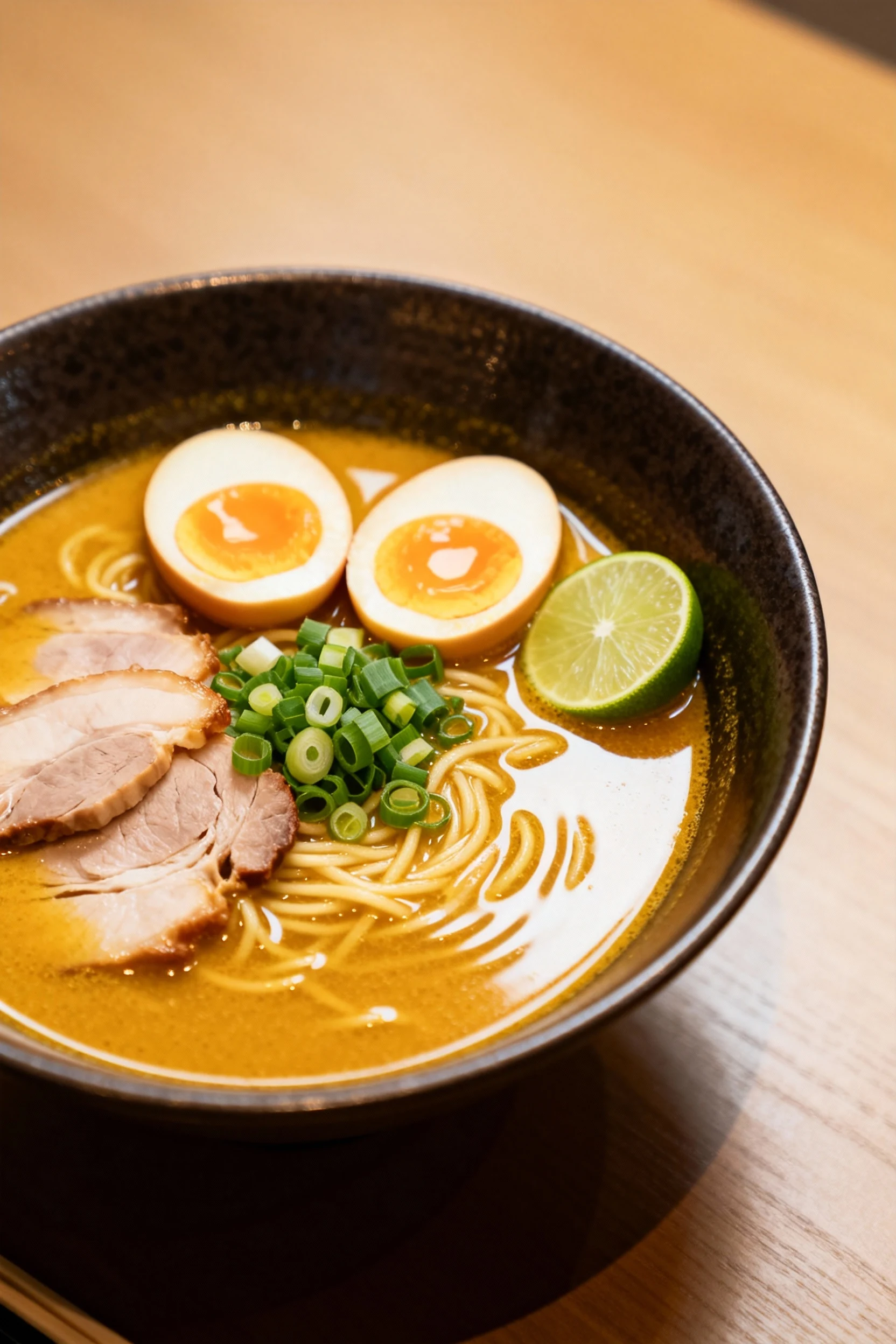 Beautifully plated Japanese Miso Ramen in a deep bowl with golden broth, soft-boiled egg halves, slices of pork, and nea