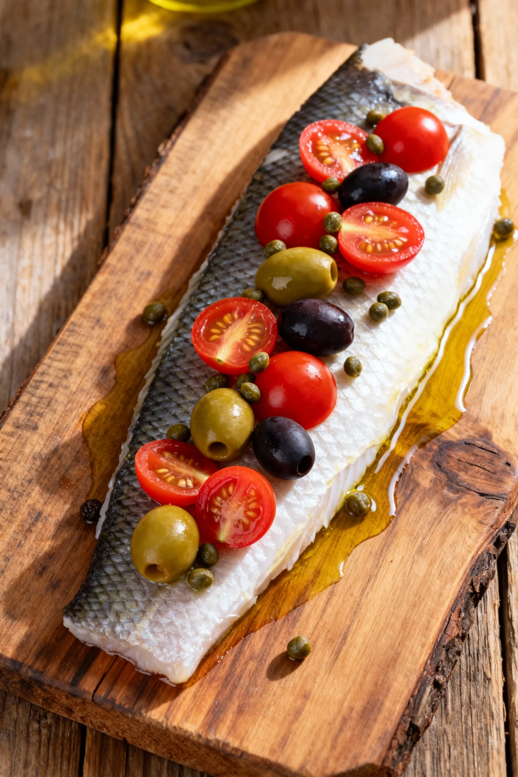 Final presentation of Mediterranean-style cod with cherry tomatoes, olives, and capers arranged artfully over the fillet