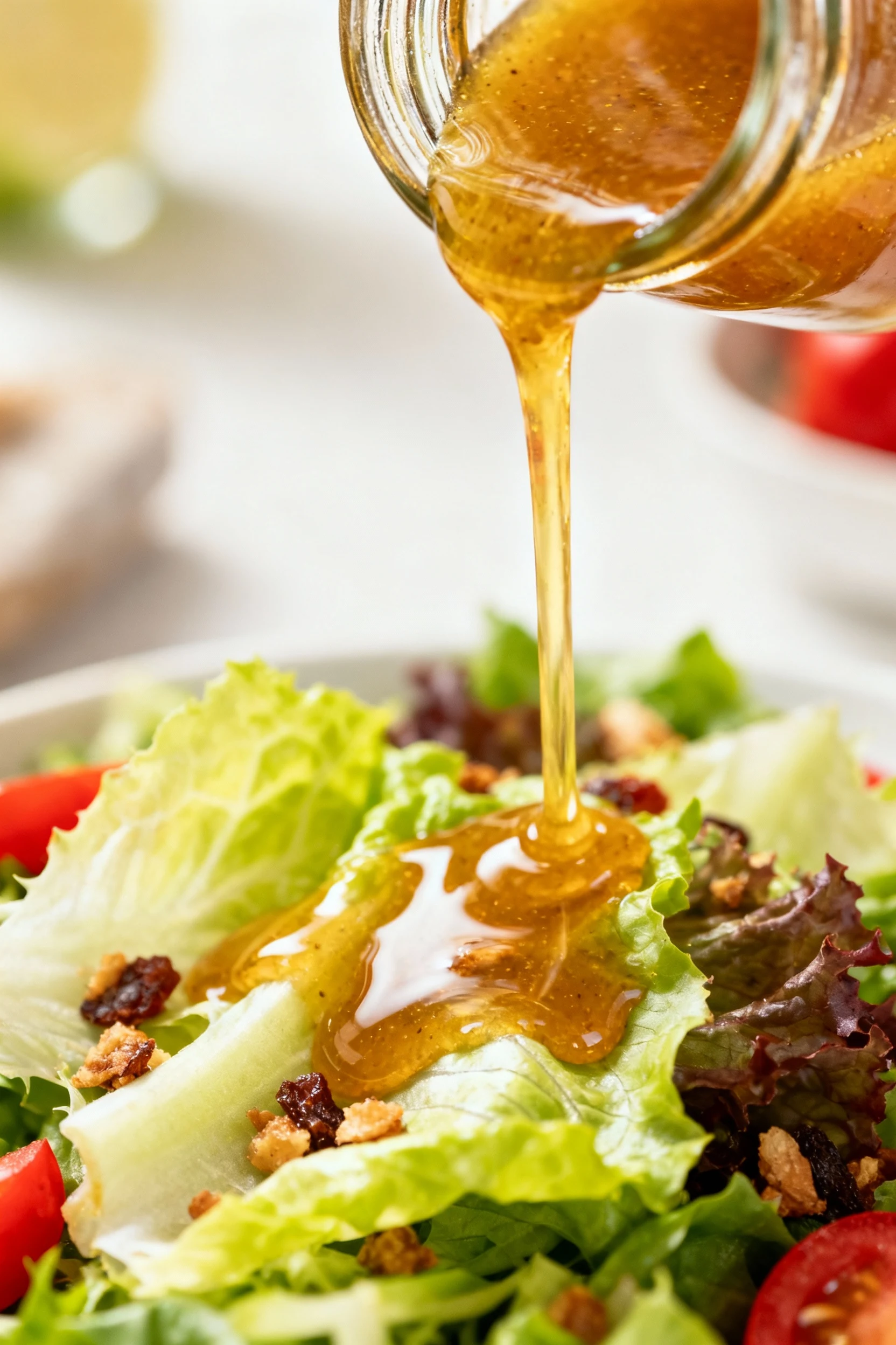 Action shot of salad dressing being poured from a small glass jar over the prepared salad, golden stream mid-pour onto c