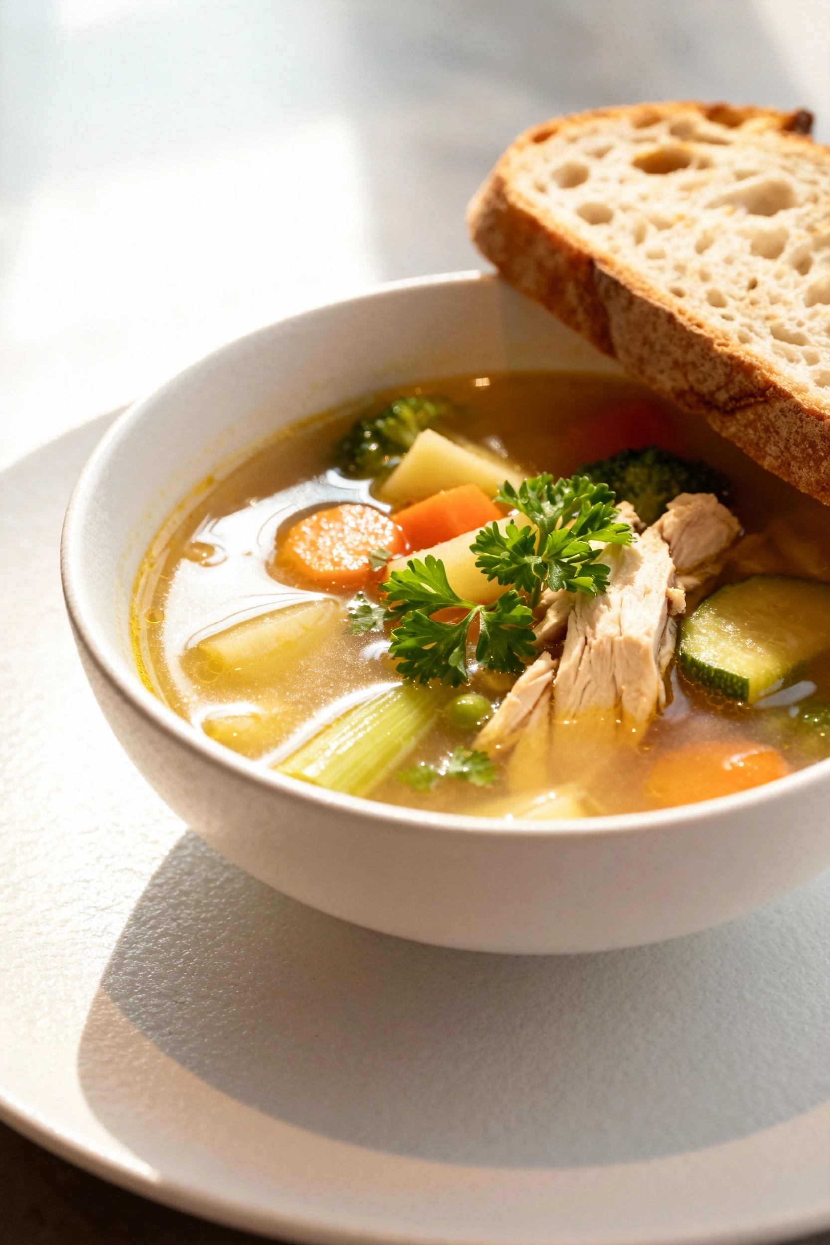 Beautifully plated final bowl of soup served alongside artisanal bread slice on a matte white plate, broth glistening, v