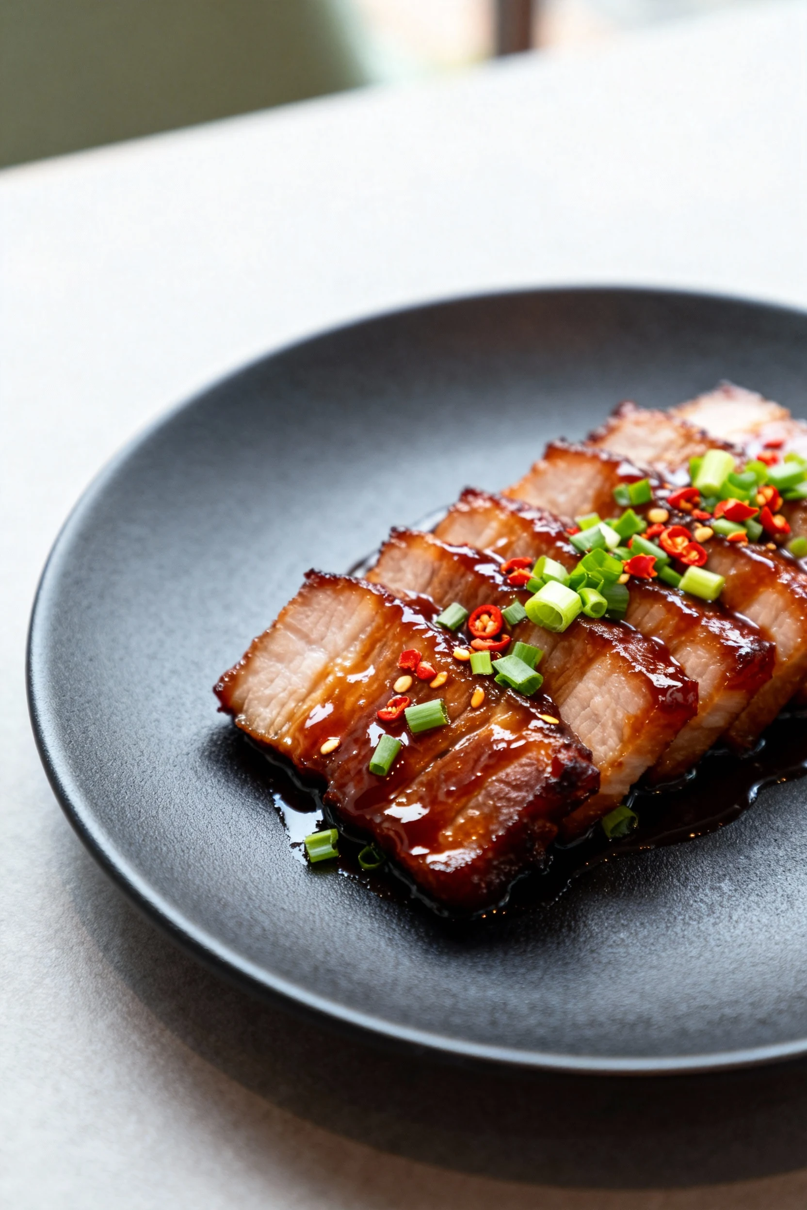 Beautifully plated Asian-style glazed pork belly drizzled with rich hoisin sauce, sprinkled with chopped scallions and c