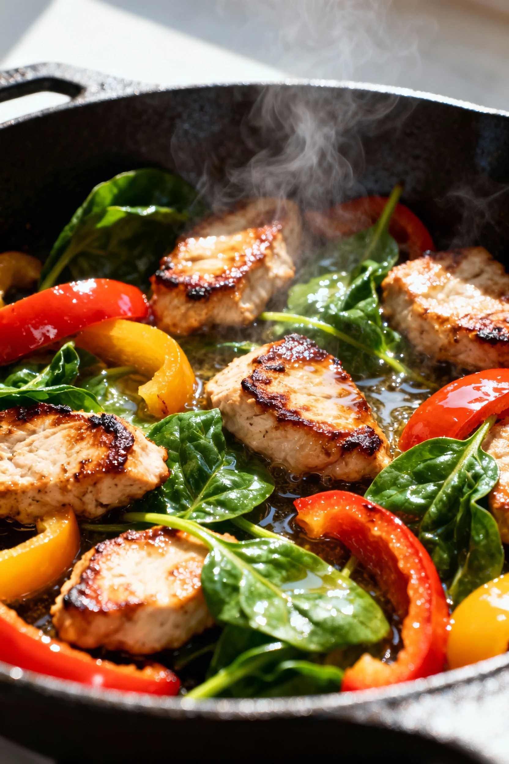 Action shot of paleo vegetable and protein medley sizzling in a cast iron skillet, steam rising, vibrant colors of bell 