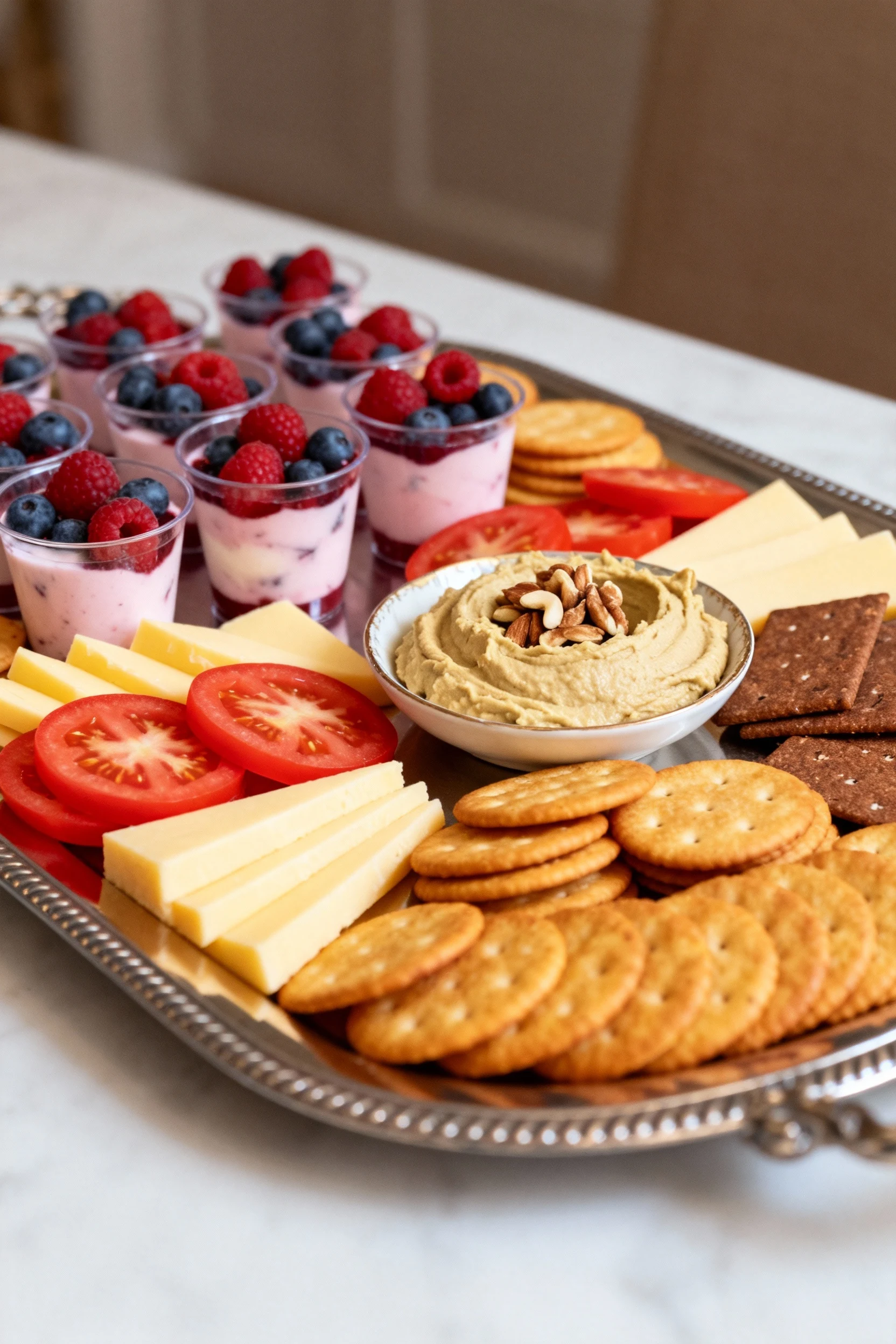 Large speed platter presentation featuring cheese & tomato crackers, berry yogurt cups, and hummus with nuts artfully ar