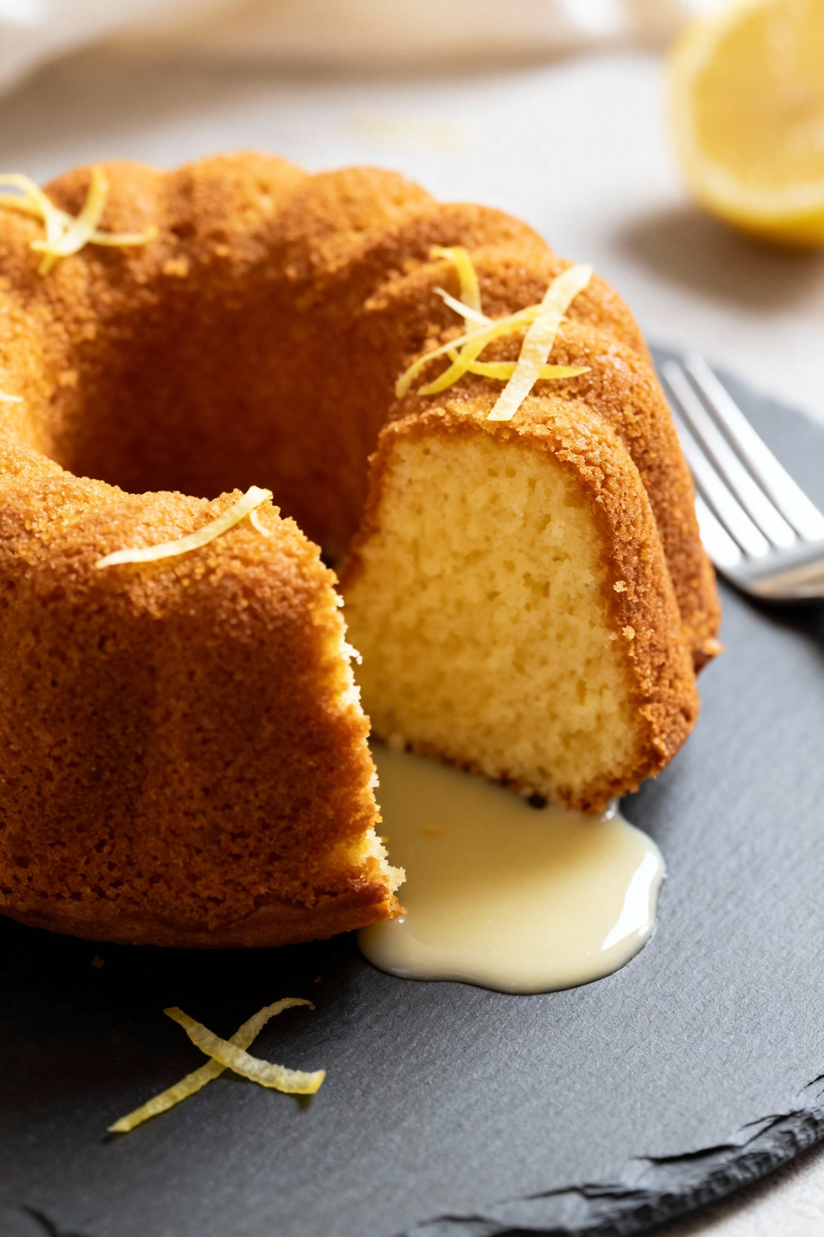 Final plated presentation of a bundt cake slice on a matte slate dessert plate, cake crumb appearing moist and fluffy wi