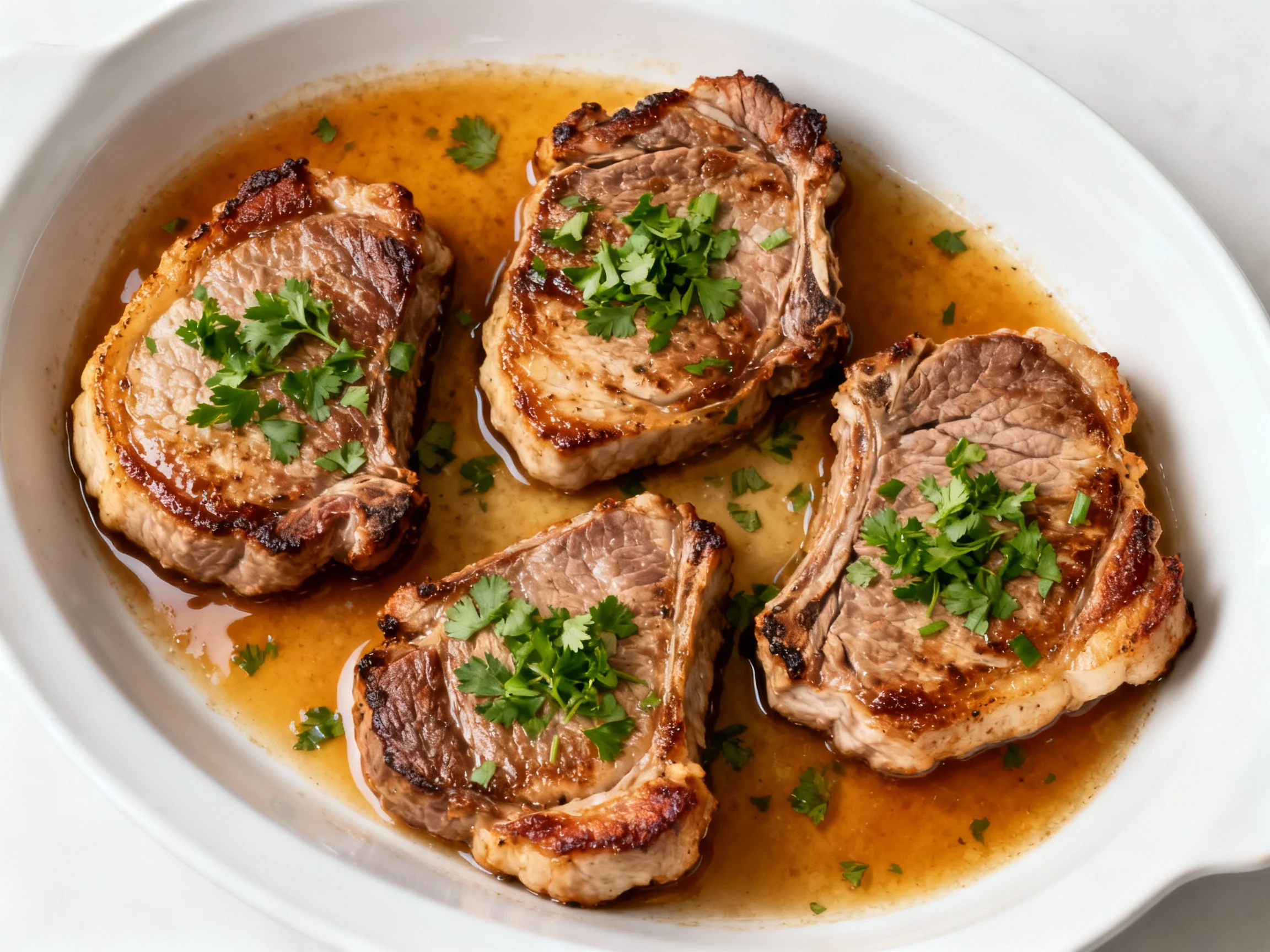Food photography, Overhead shot of four perfectly cooked pork chops plated on a white ceramic dish, garnished with chopp