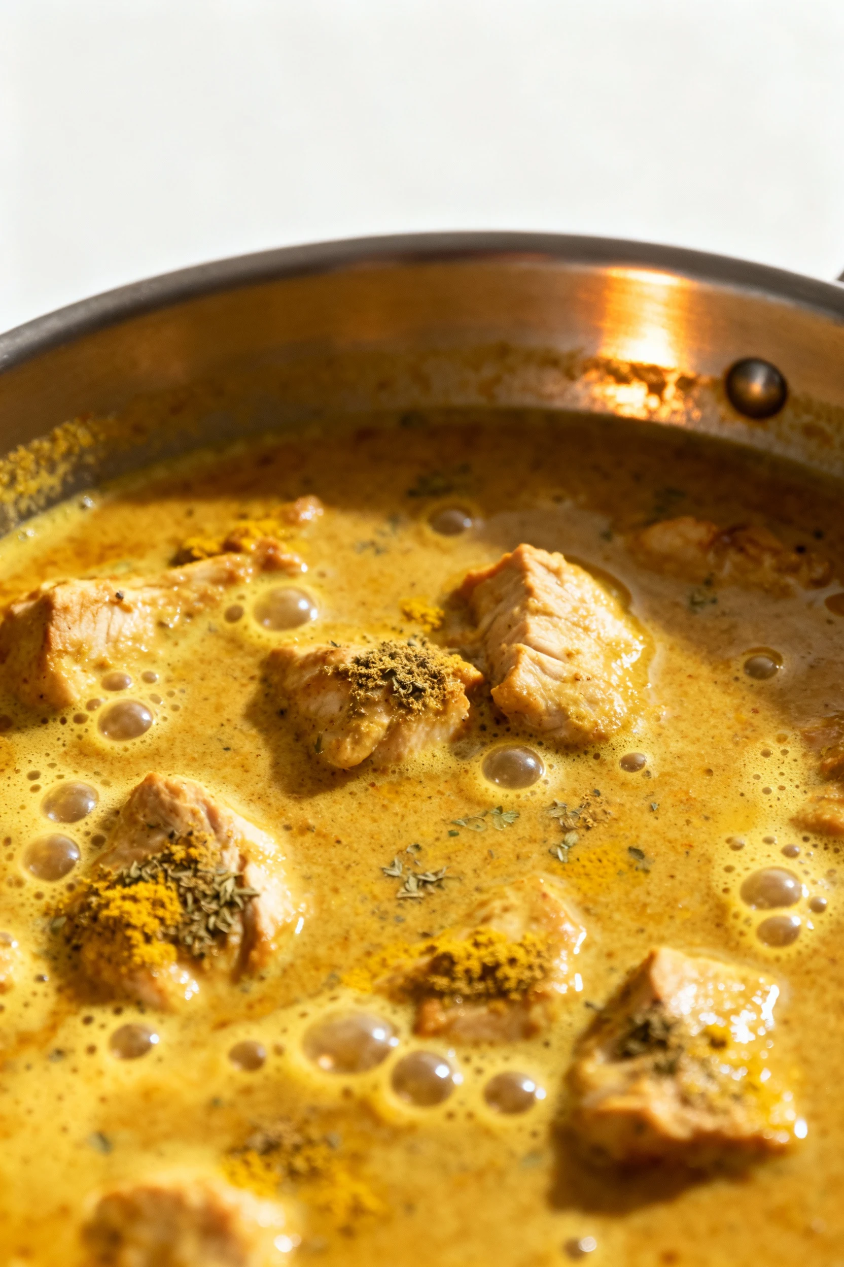 Cooking process shot of curry nearing completion—thick, bubbling sauce with visible coriander powder and turmeric blendi