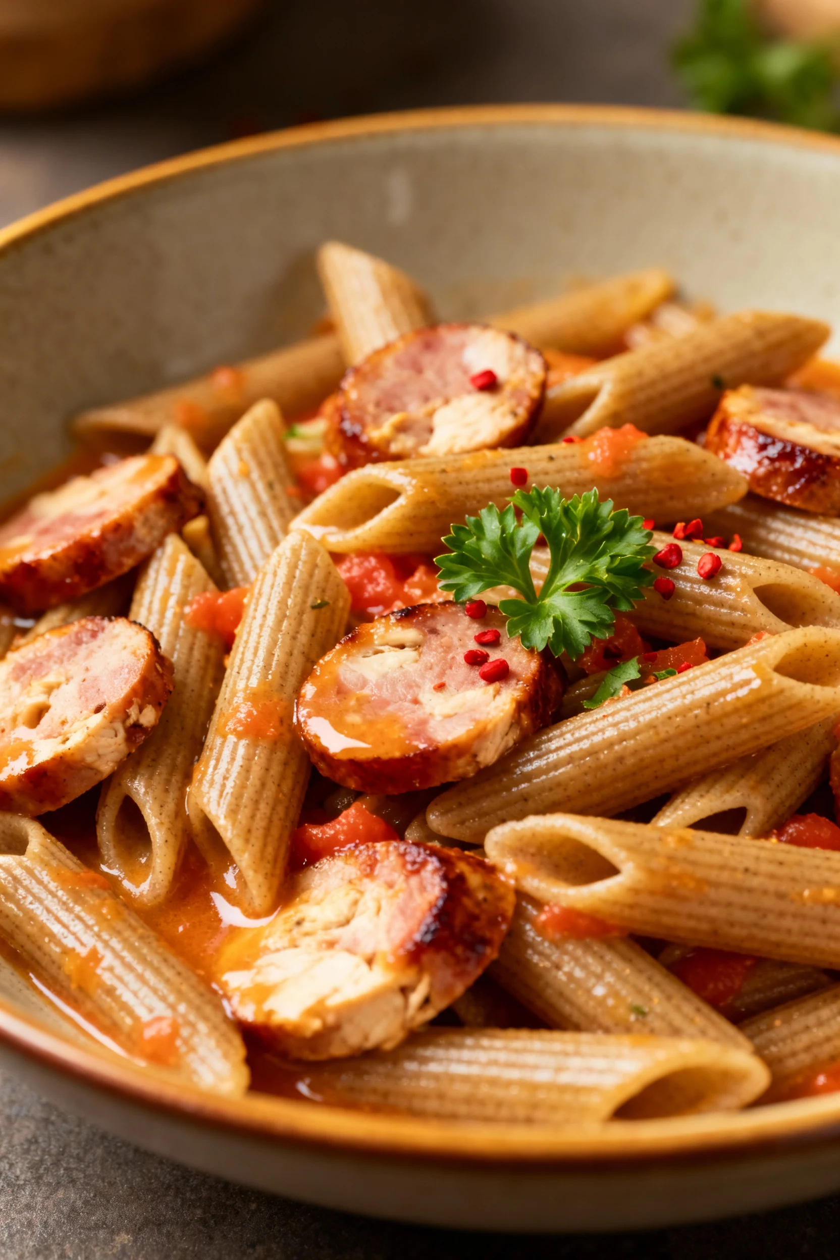 Restaurant-quality presentation of chicken sausage pasta variation: whole-grain penne tossed with sausage slices, light 