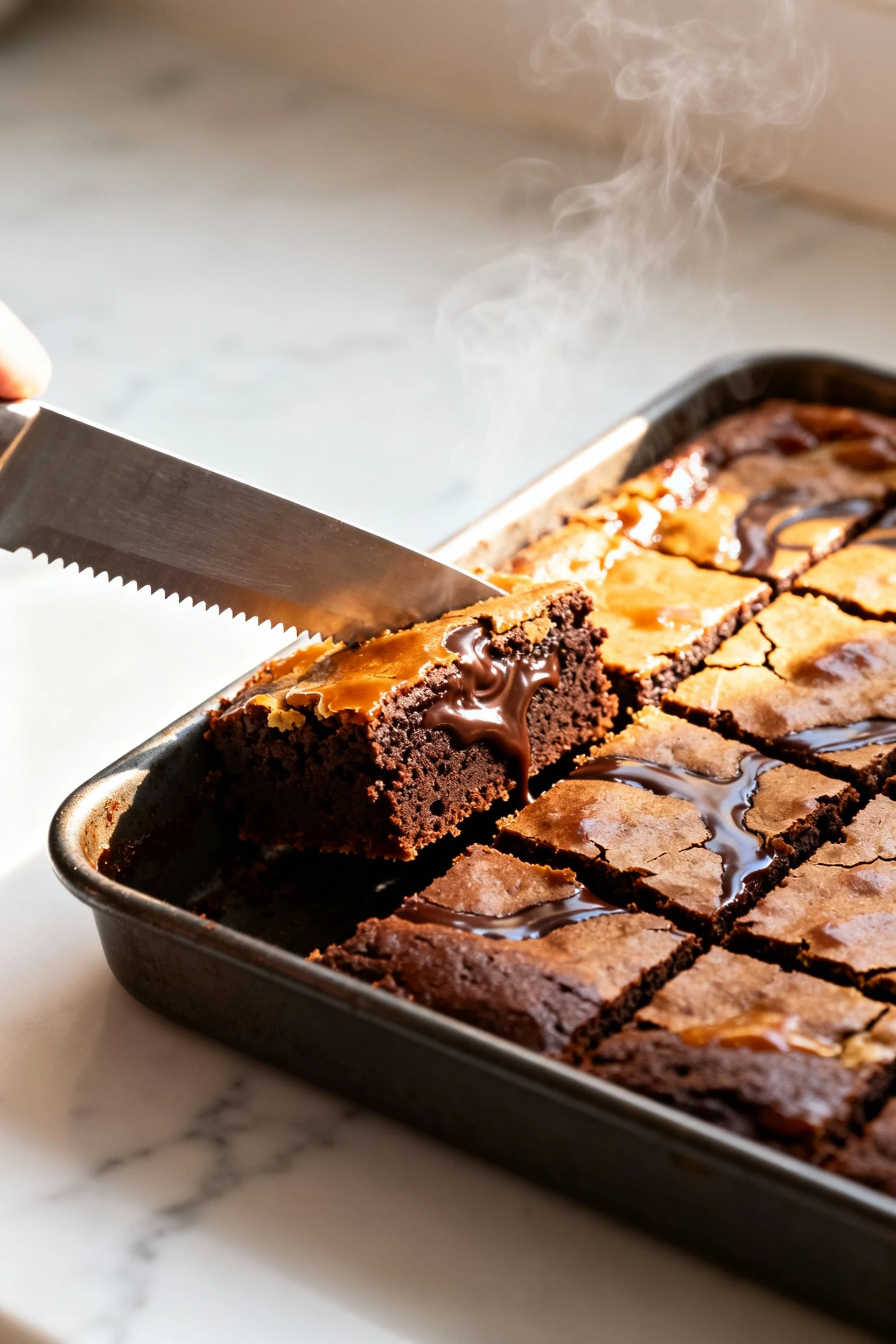 Freshly baked brownies being cut into squares in the pan, dense and fudgy center contrasting with crackly top, rich choc