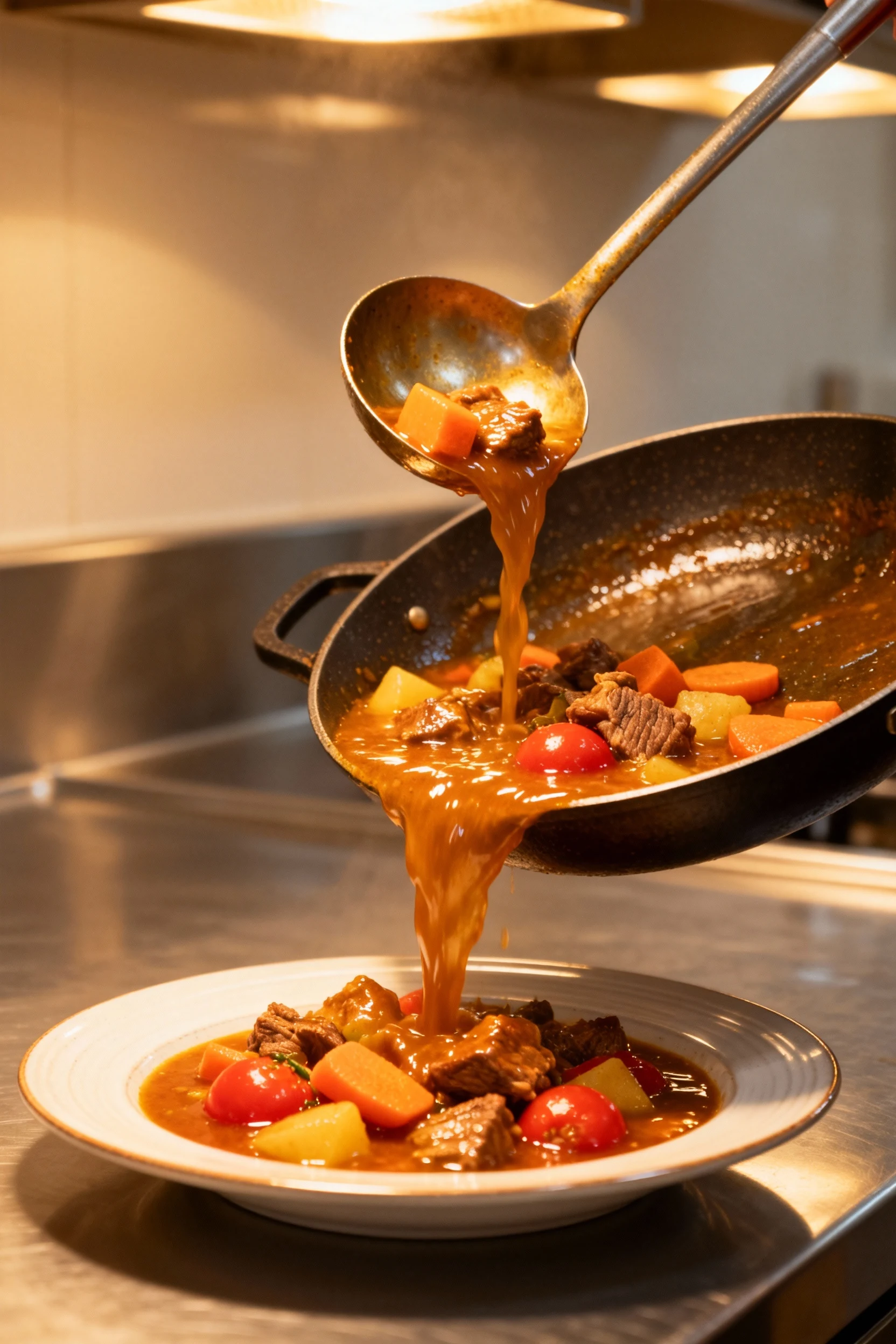 Action shot of a ladle pouring the rich, fragrant stew into a serving dish, showcasing the glossy sauce and colorful ing